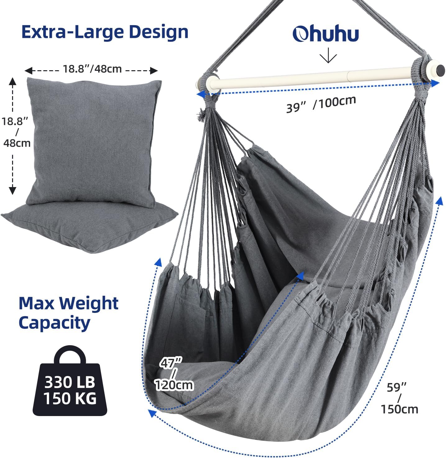 Detalle de Ohuhu XL Portable Hanging Swing Chair with Hardware Kit (with 2 Cushions) - Gray