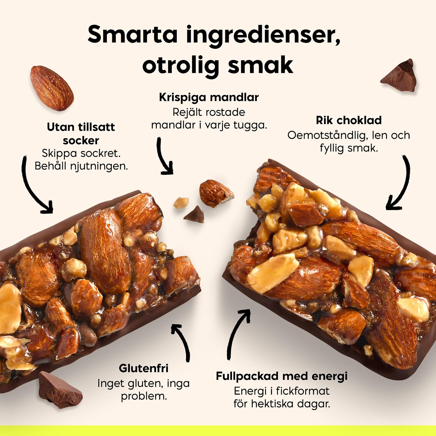 Detalle de N!CK'S Almond crunch vegansk nötbar med 41 % mandel, ketochoklad och 12 x 40 g