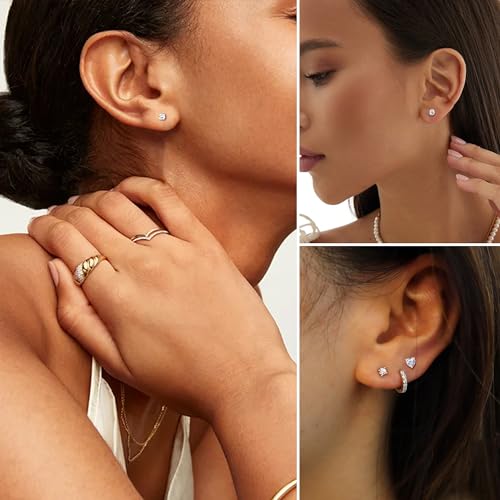Detalle de EXGOX Sterling Silver Stud Earrings – 5 Pairs of Hypoallergenic 925 Silver Hearts, Balls and Cubic Zirconia