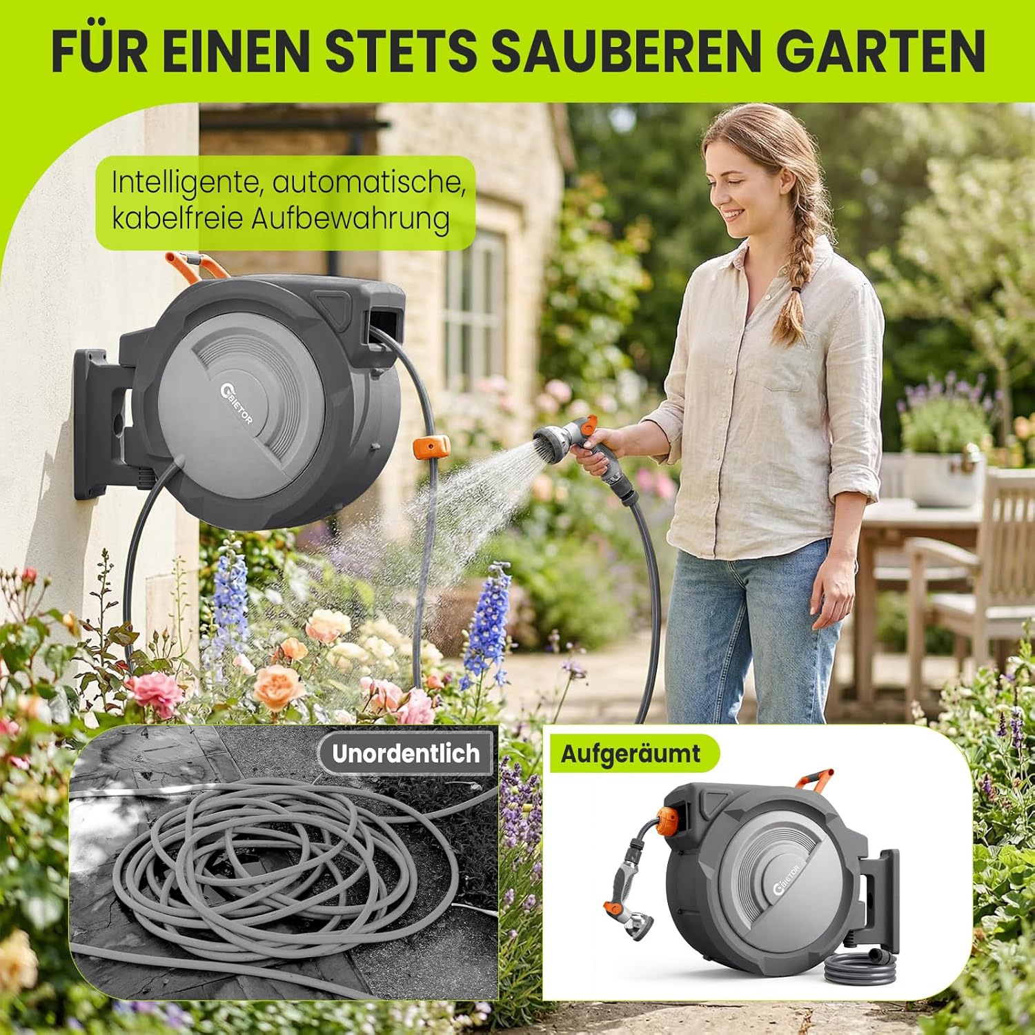 Thumbnail 1 de Bietor Schlauchtrommel Wasser 45m + 2m – 180° Schwenkbare Wandhalterung, automatische Aufrollung mit 10‑Funktionen Sprühdüse