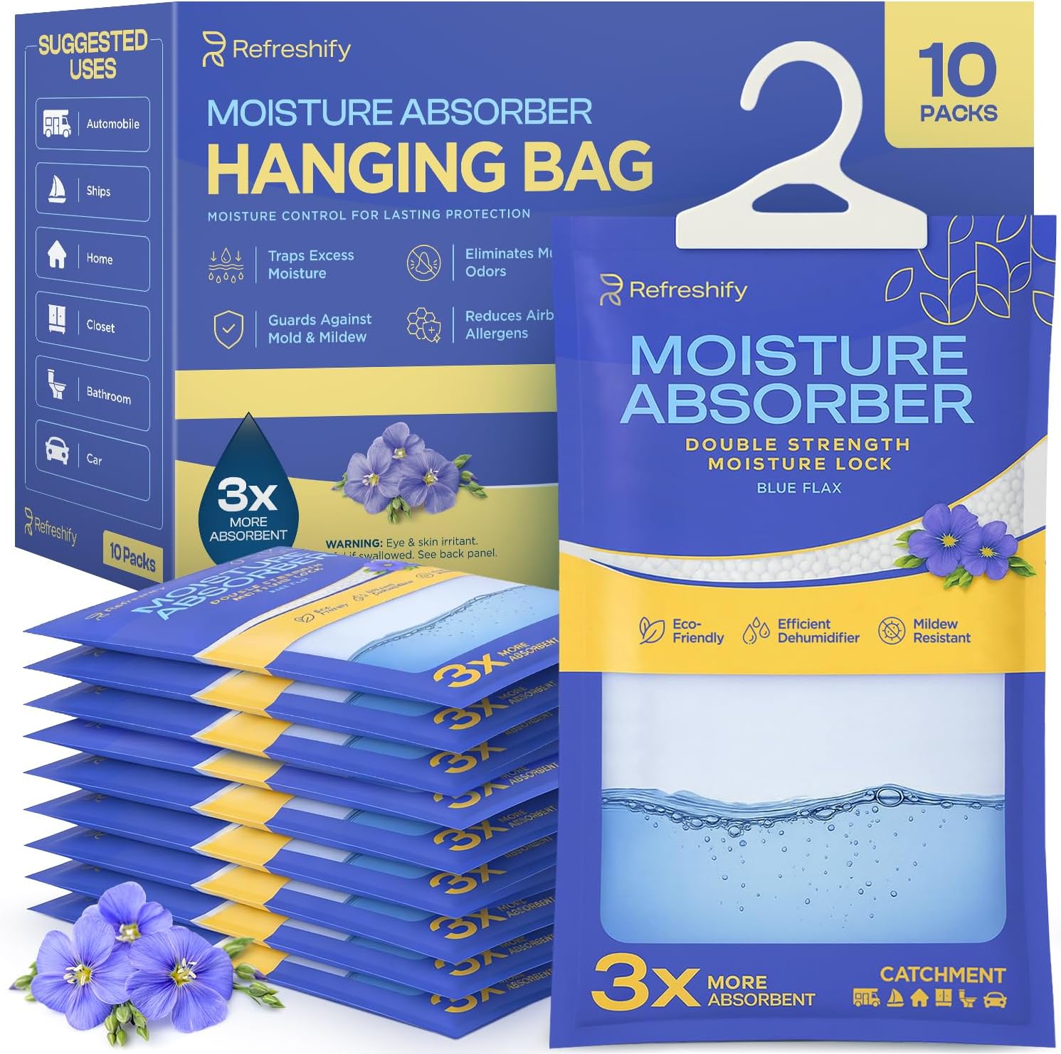 Moisture Absorbers and Humidity Absorber Bags for Closet - 10 Pack Blue Flax