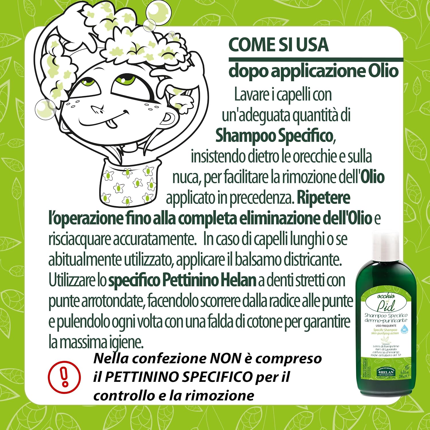Detalle 2 de Helan Occhio al Pidocchio Shampoo Pidocchi e Lendini Forte – trattamento per pelli sensibili, oli vegetali e lavanda, 200 ml