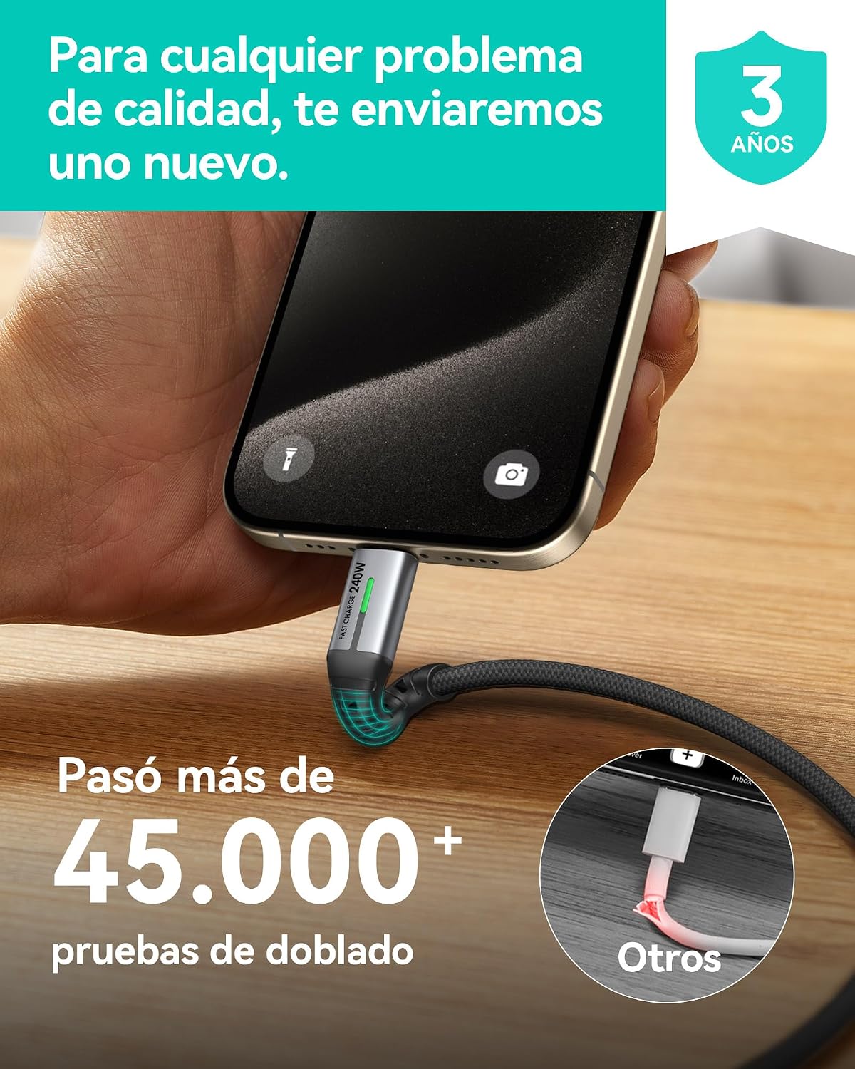 Detalle 2 de INIU 240W Cable USB-C 2 m PD 3.0 para móviles