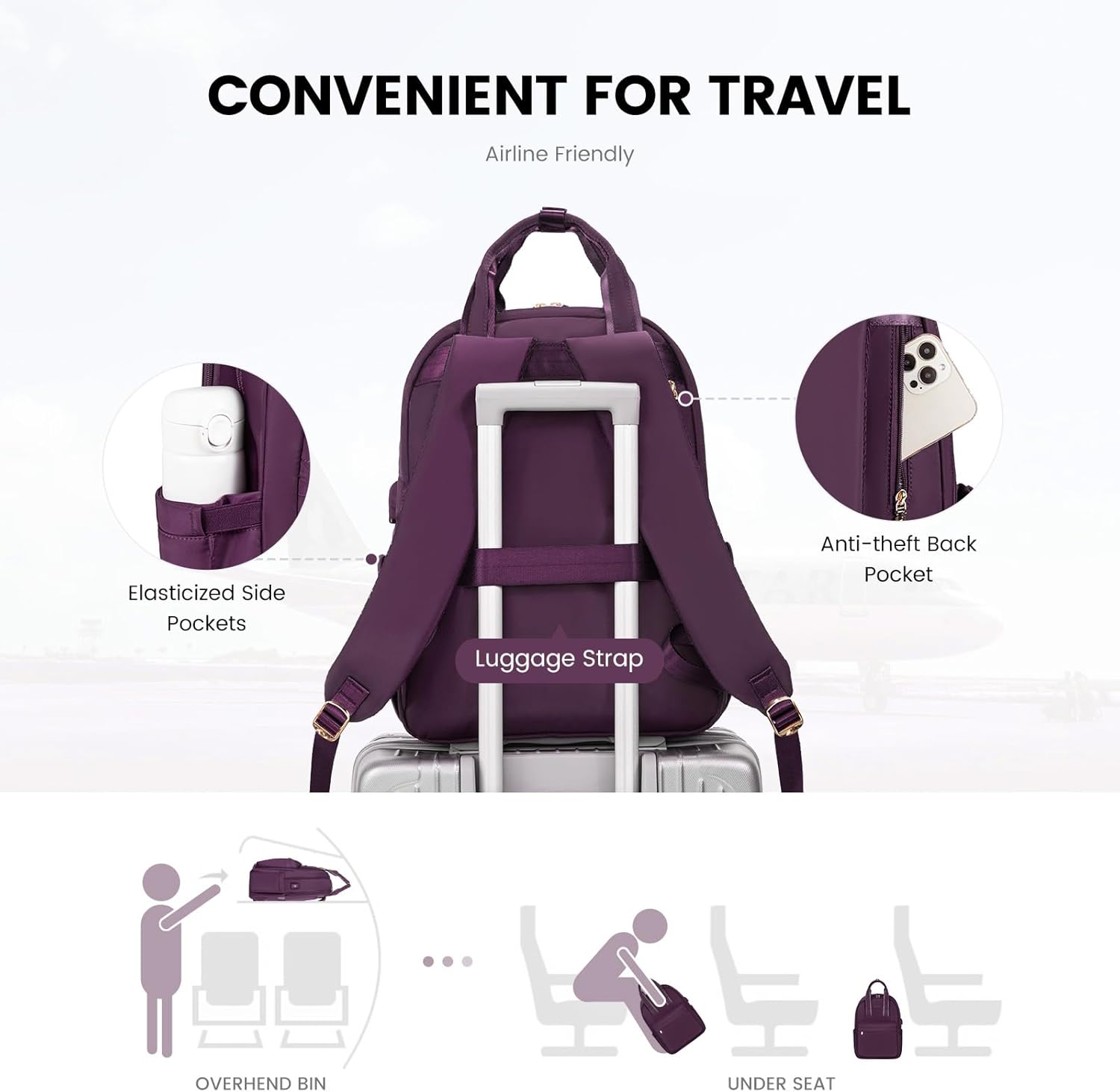 Thumbnail 4 de LOVEVOOK Laptop Rucksack Damen 15,6 Zoll – Wasserdicht, USB-Ladeanschluss, Reiserucksack, Dunkelviolett