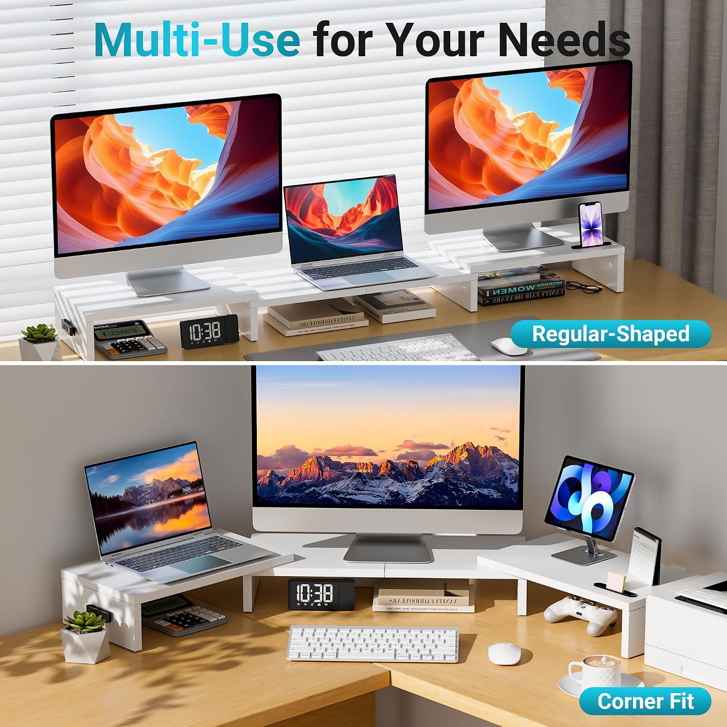 Thumbnail 6 de BONTEC Triple Monitor Stand Riser, White Wood, Adjustable 32.3–53.3 in