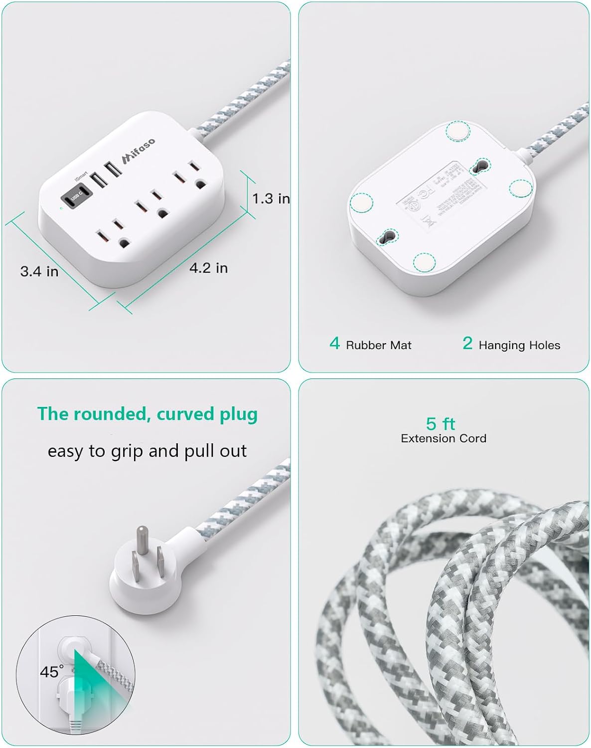 Thumbnail 6 de Mifaso TH8056 Power Strip with USB-A and USB-C, 5-Ft Flat Cord