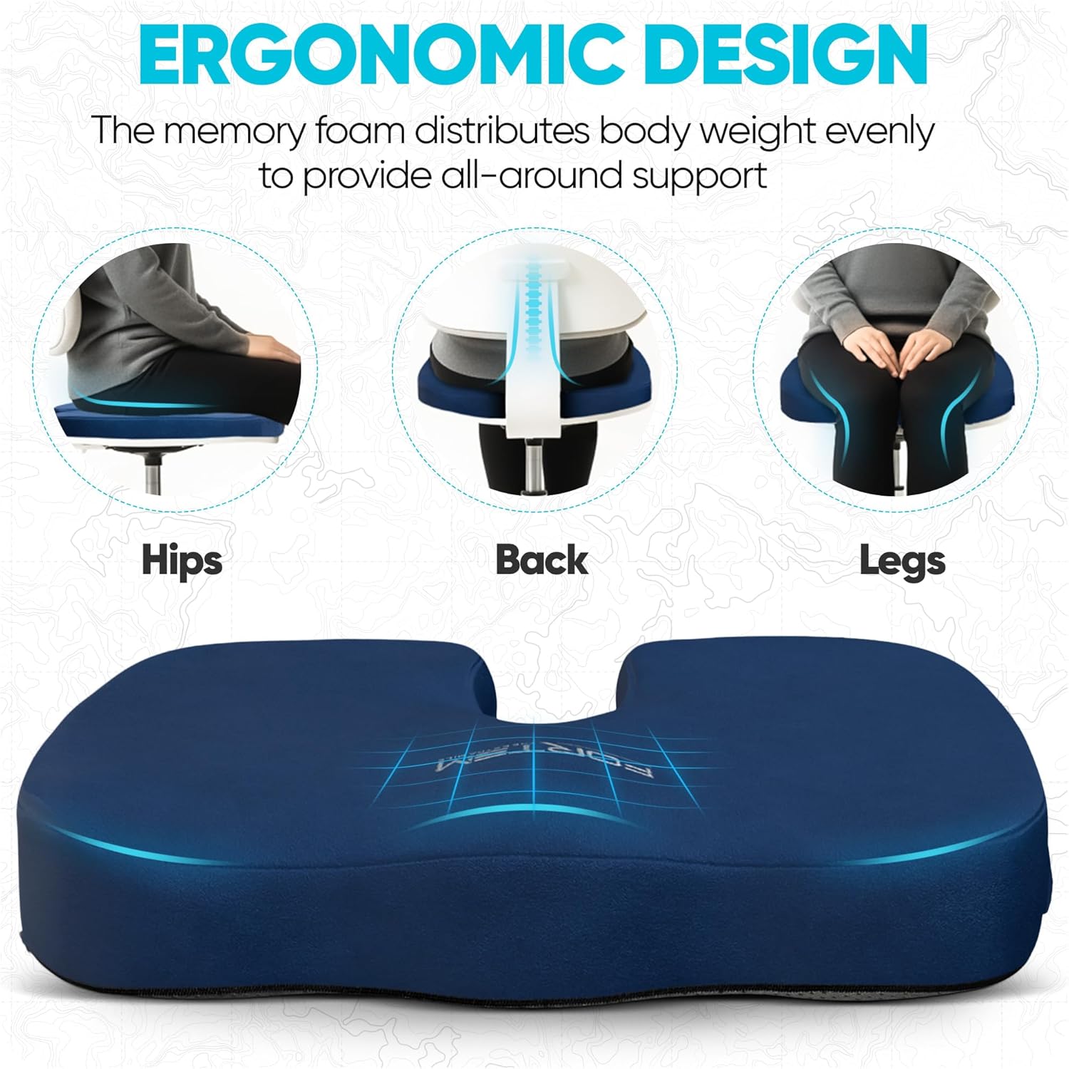 Thumbnail 6 de FORTEM Office Chair Cushion (Memory Foam) – XL U-Shape Seat Pad with Non-Slip Base, Washable Cover
