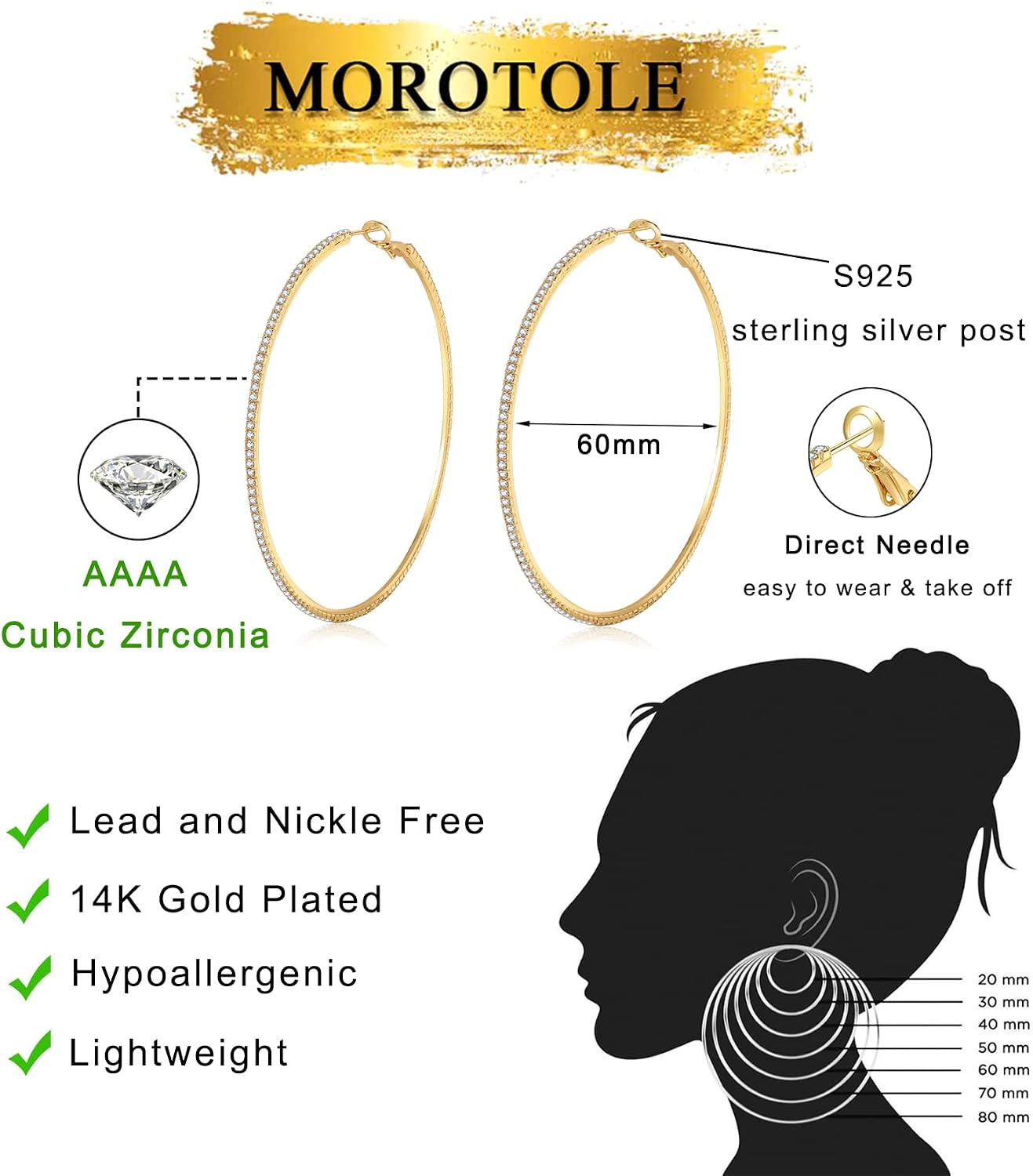 Thumbnail 2 de MOROTOLE 14K Gold Strass Creolen – große Reif-Ohrringe mit Strasssteinen, hypoallergen
