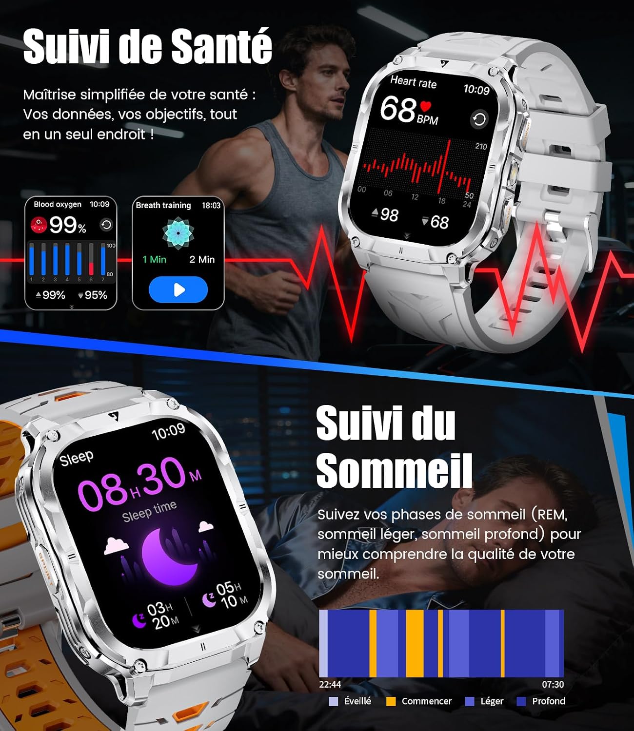 Detalle 2 de FitVigor Montre connectée homme FitVigor, écran HD 2'' et lampe LED intégrée