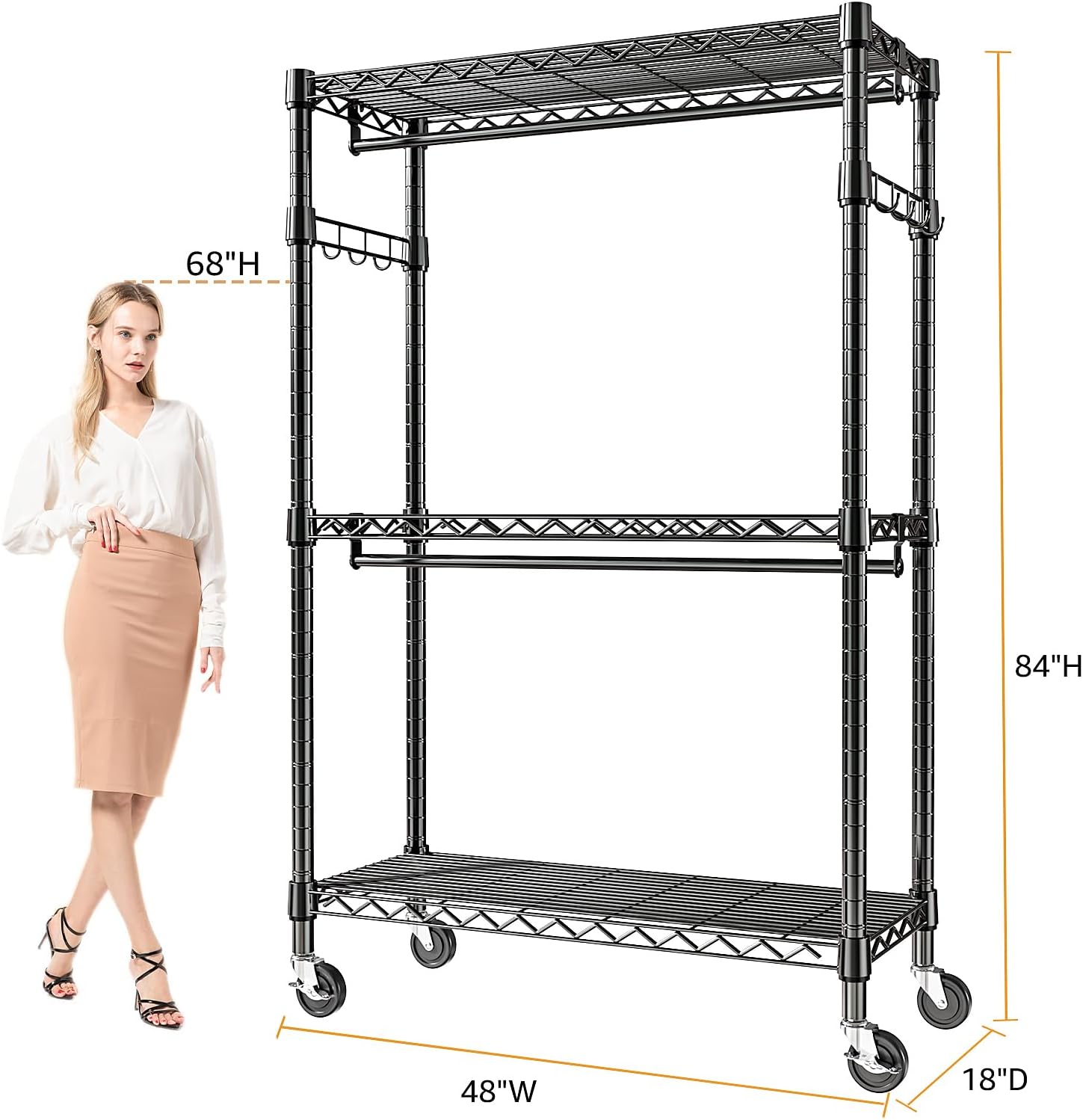 Thumbnail 3 de M MZG A45120205VBK302 Heavy-Duty Rolling Garment Rack, 3 Shelves, 2 Rods