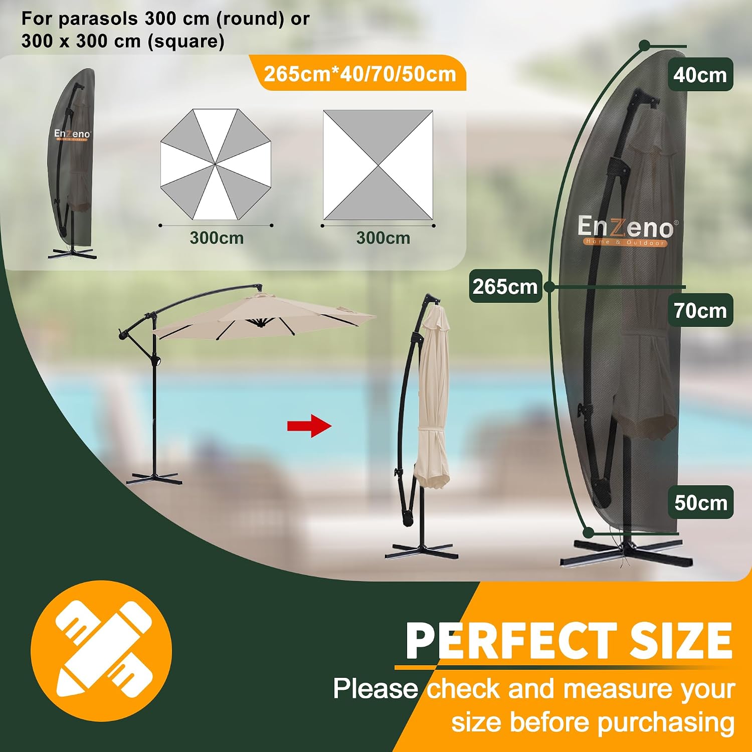 Thumbnail 1 de Enzeno 265 x 40/70/50cm Patio Umbrella Cover, 420D Waterproof Fabric