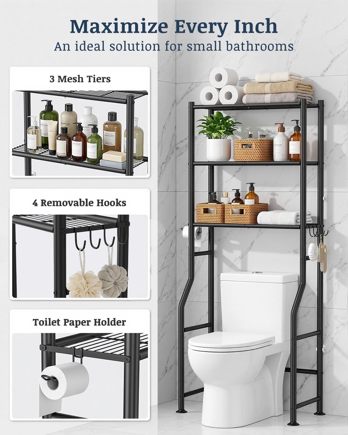 Detalle de GloTika OT3-Black 3-Tier Over-Toilet Storage Shelf, Black Carbon Steel