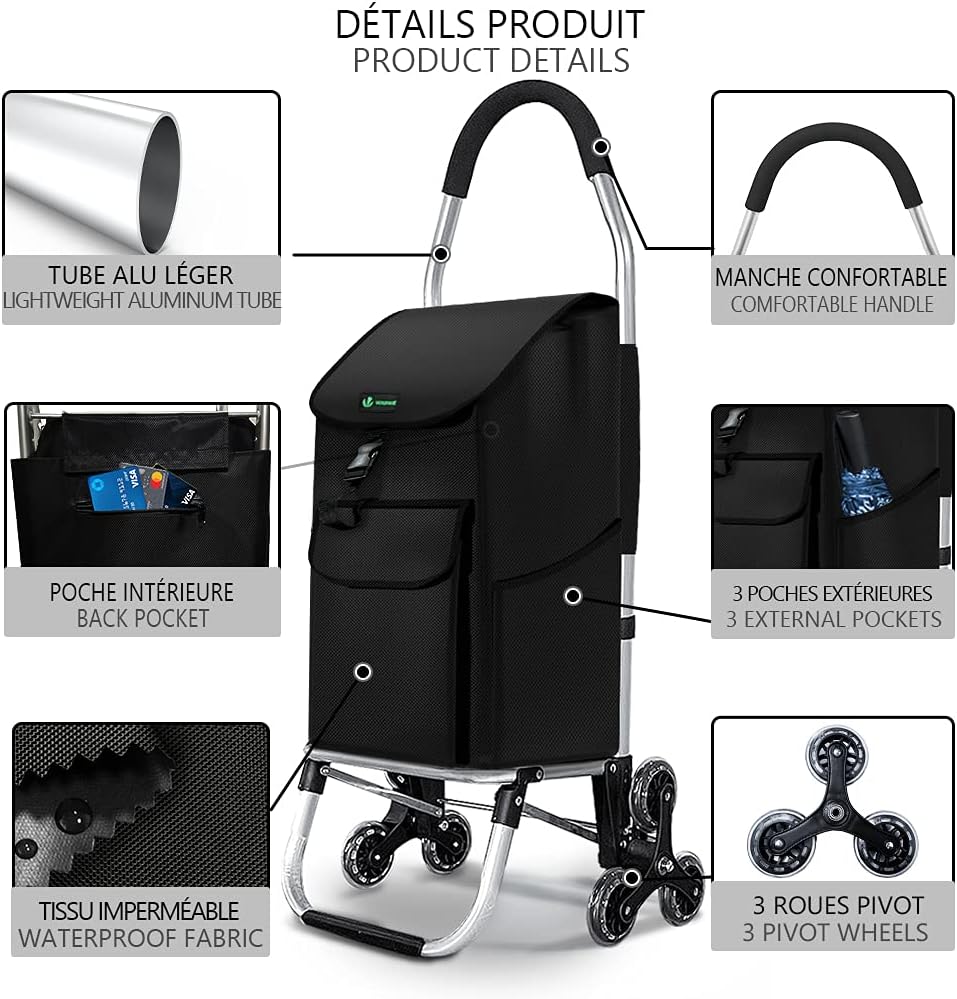 Thumbnail 1 de VOUNOT Chariot de Courses 6 Roues en aluminium avec Compartiment Étanche, 2 en 1 – Pliable et Capacité 58L