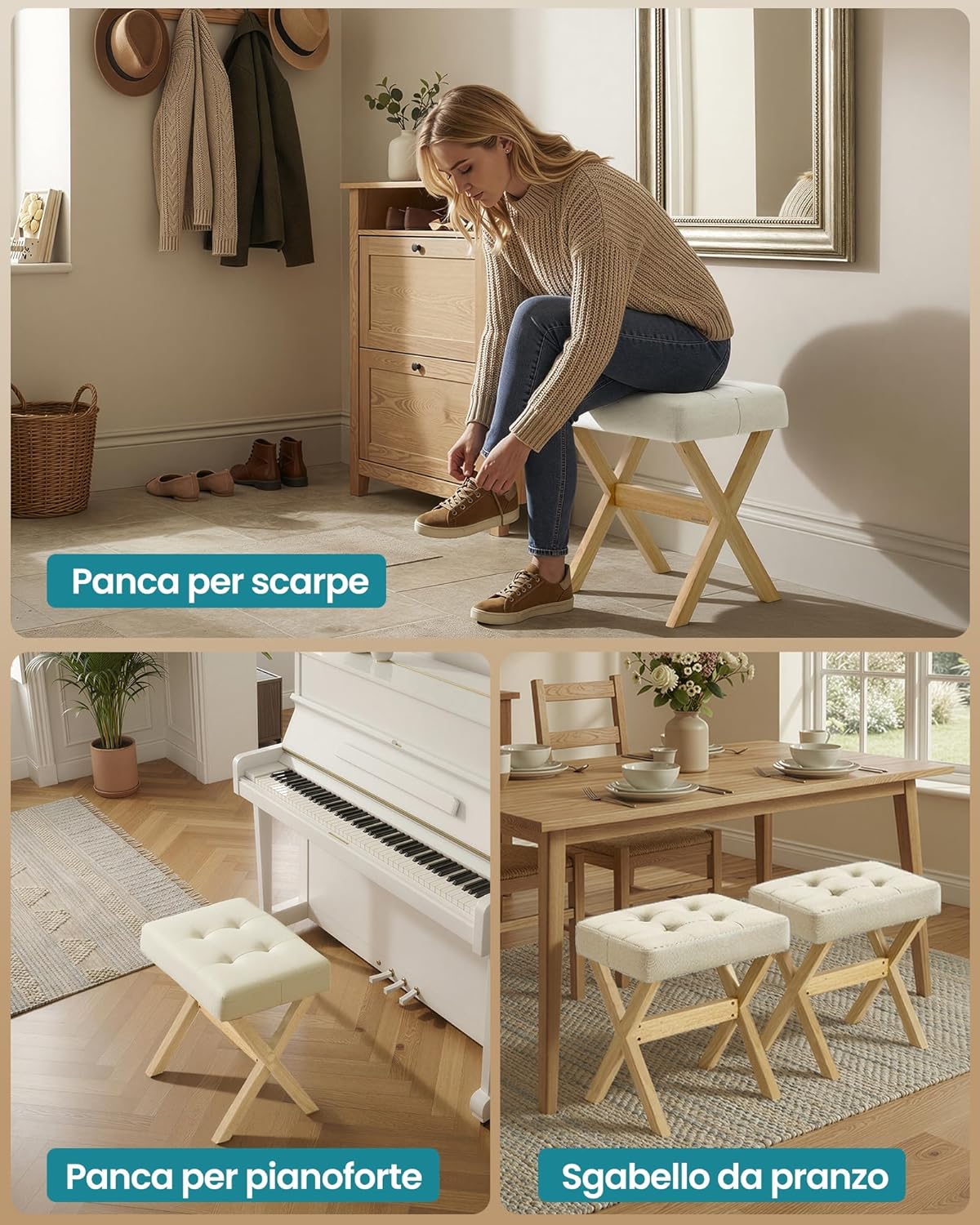 Thumbnail 6 de SONGMICS Sgabello da trucco imbottito LSF006LF02 in legno, poggiapiedi da toeletta beige sabbia/naturale
