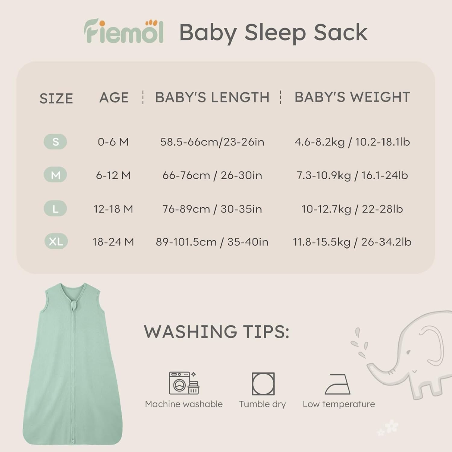 Detalle 2 de FIEMOL Baby-Schlafsack 0–6 Monate 0,5 Tog aus Baumwolle (3er-Set), atmungsaktiv