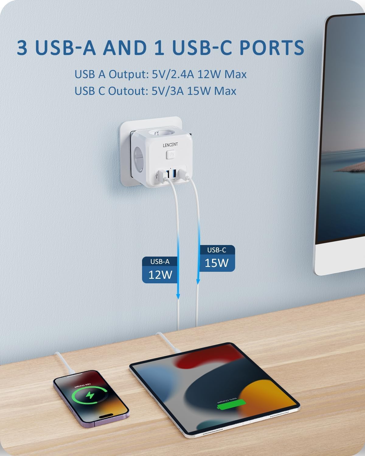 Detalle 2 de LENCENT PA037EU kubusvormige stekkerdoos met 3 stopcontacten en USB-C PD