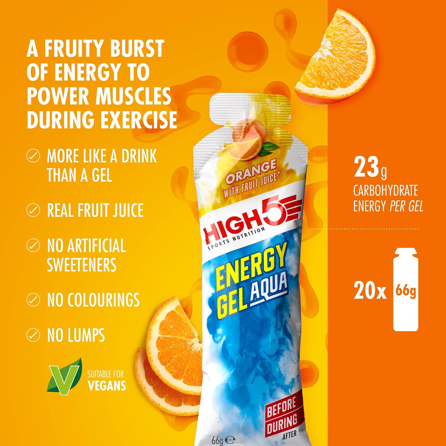 Detalle de HIGH5 Energy Gel Aqua for Running & Endurance – Orange, 20 x 66g