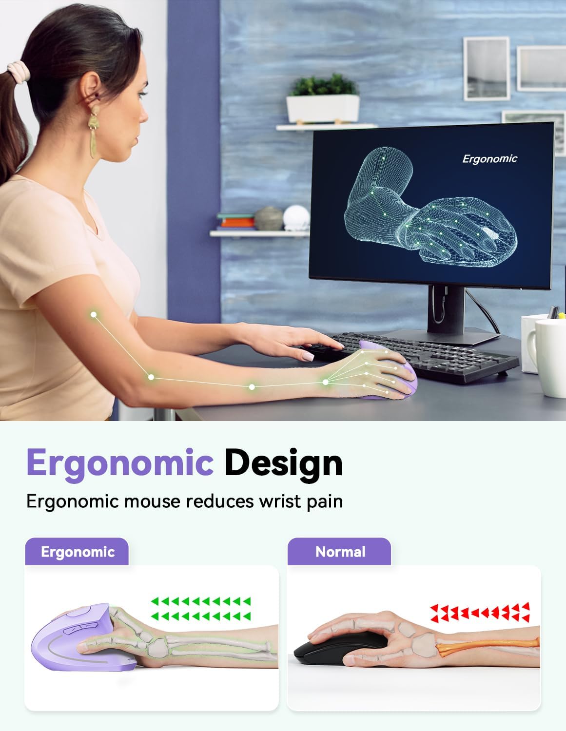 Thumbnail 2 de TECKNET Ergonomic Vertical Mouse (4800DPI) Wireless 6-Button Silent Purple