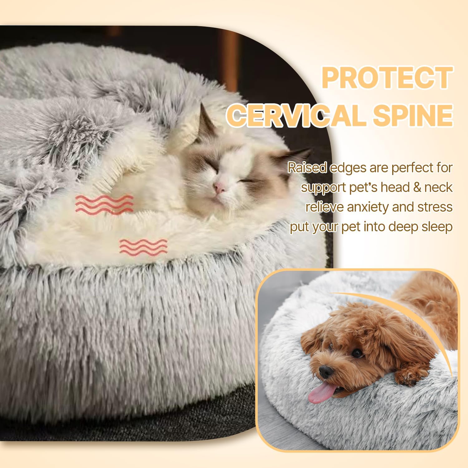 Detalle de YIGAARUI Calming Dog Bed (Large, 50cm inner cave) – fluffy plush cave bed for pets under 10kg