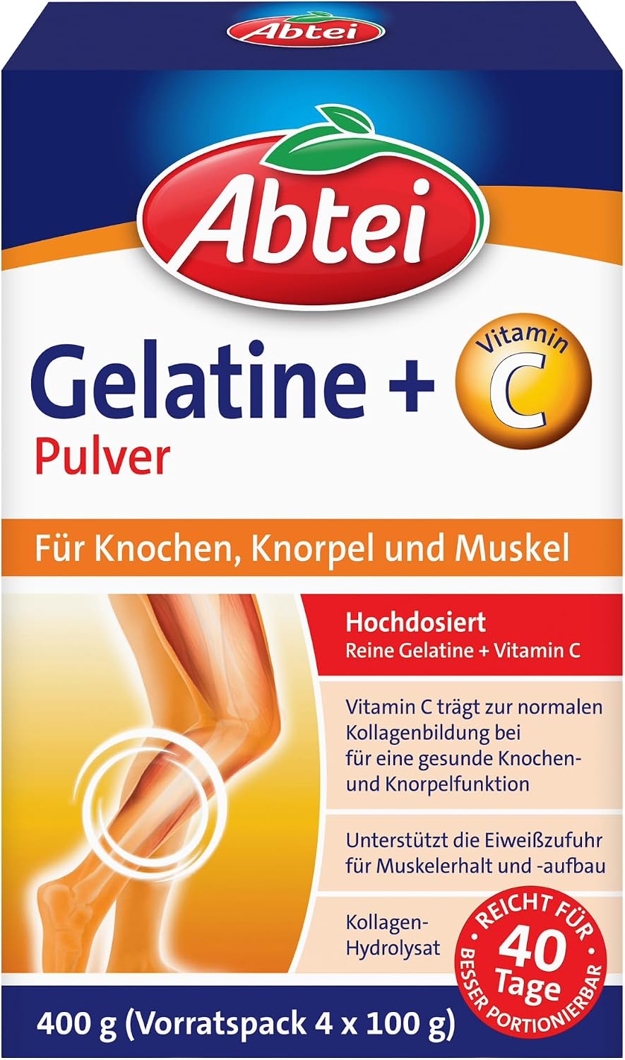 Detalle de Abtei Gelatine Pulver Plus – Reine Gelatine mit Vitamin C, 4 x 100 g Vorratspack (40 Portionen)