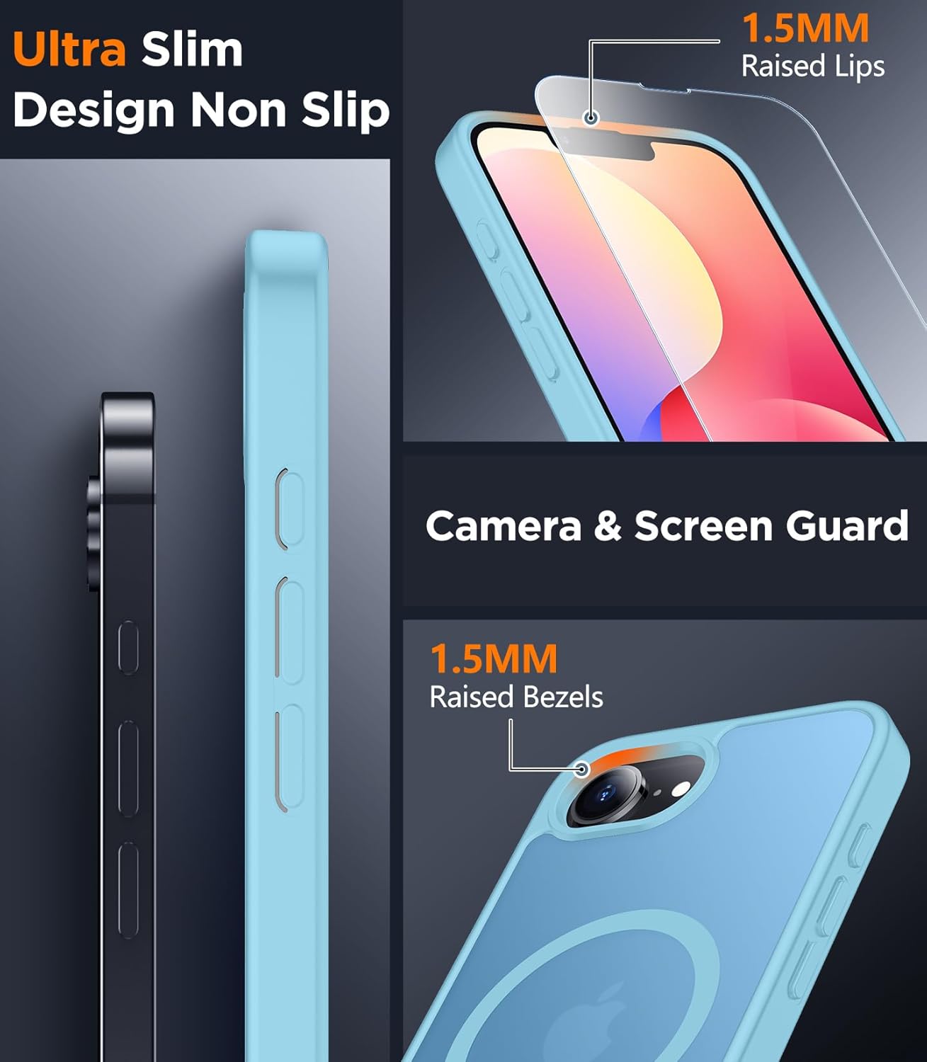 Detalle de SPIDERCASE for iPhone 16e/17e Case with Magnetic Translucent Matte Finish (Light Blue) — 2 tempered glass protectors
