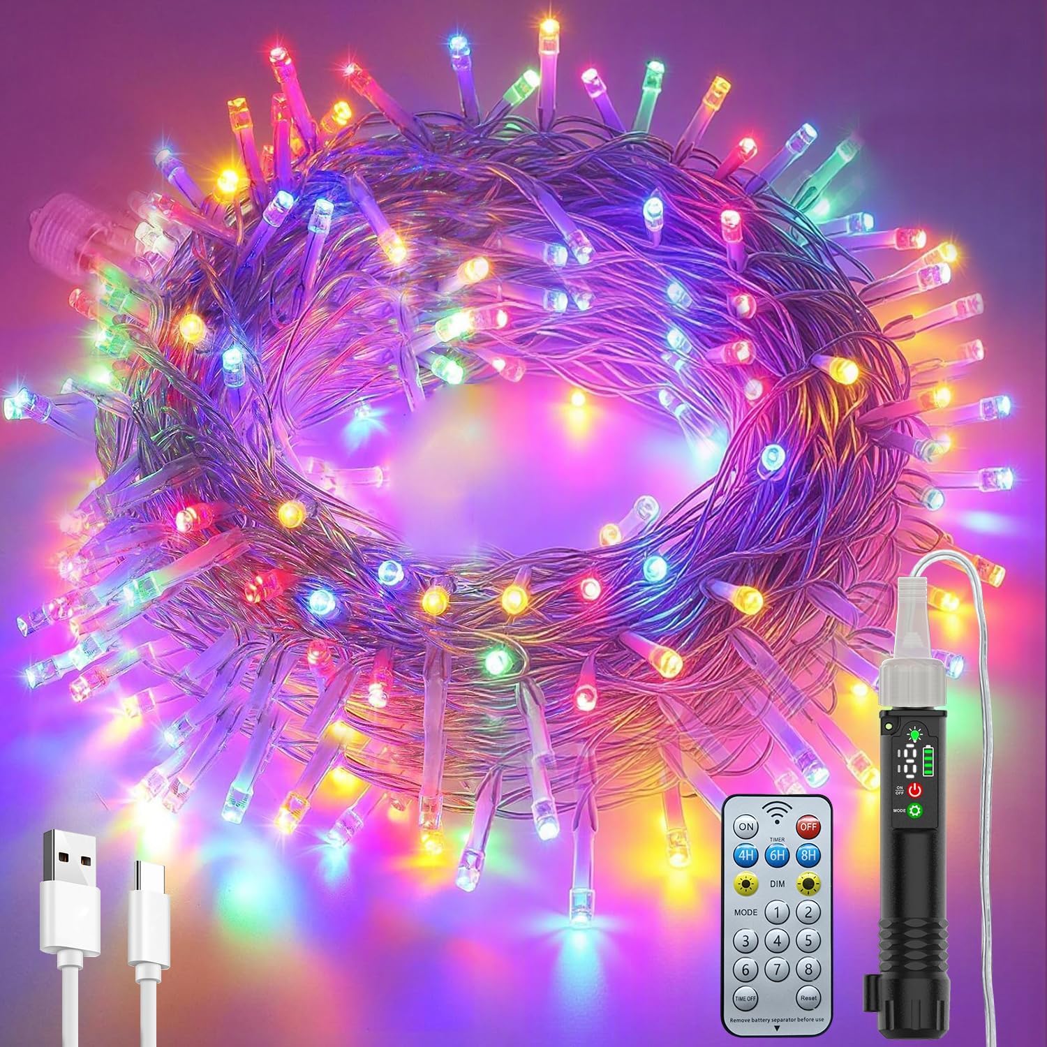 Detalle de Electight Battery Fairy Lights (USB Rechargeable) – 20m, 200 LED Twinkle String Lights with Remote, 8 Modes & Timer, IP44 Waterproof