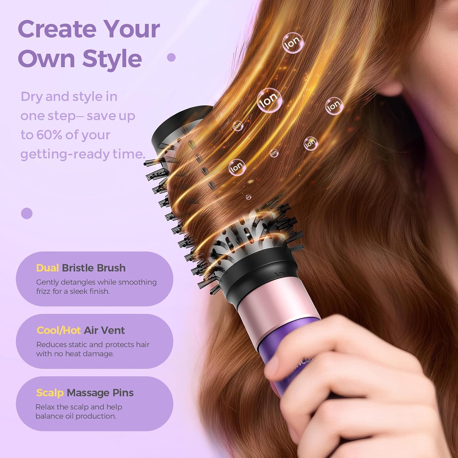 Thumbnail 5 de Vincofy 7-in-1 Blow Dryer Brush Set: All-in-One Hot Air Styler for Fast Drying, Curling, Straightening & Volumizing (Lilac)
