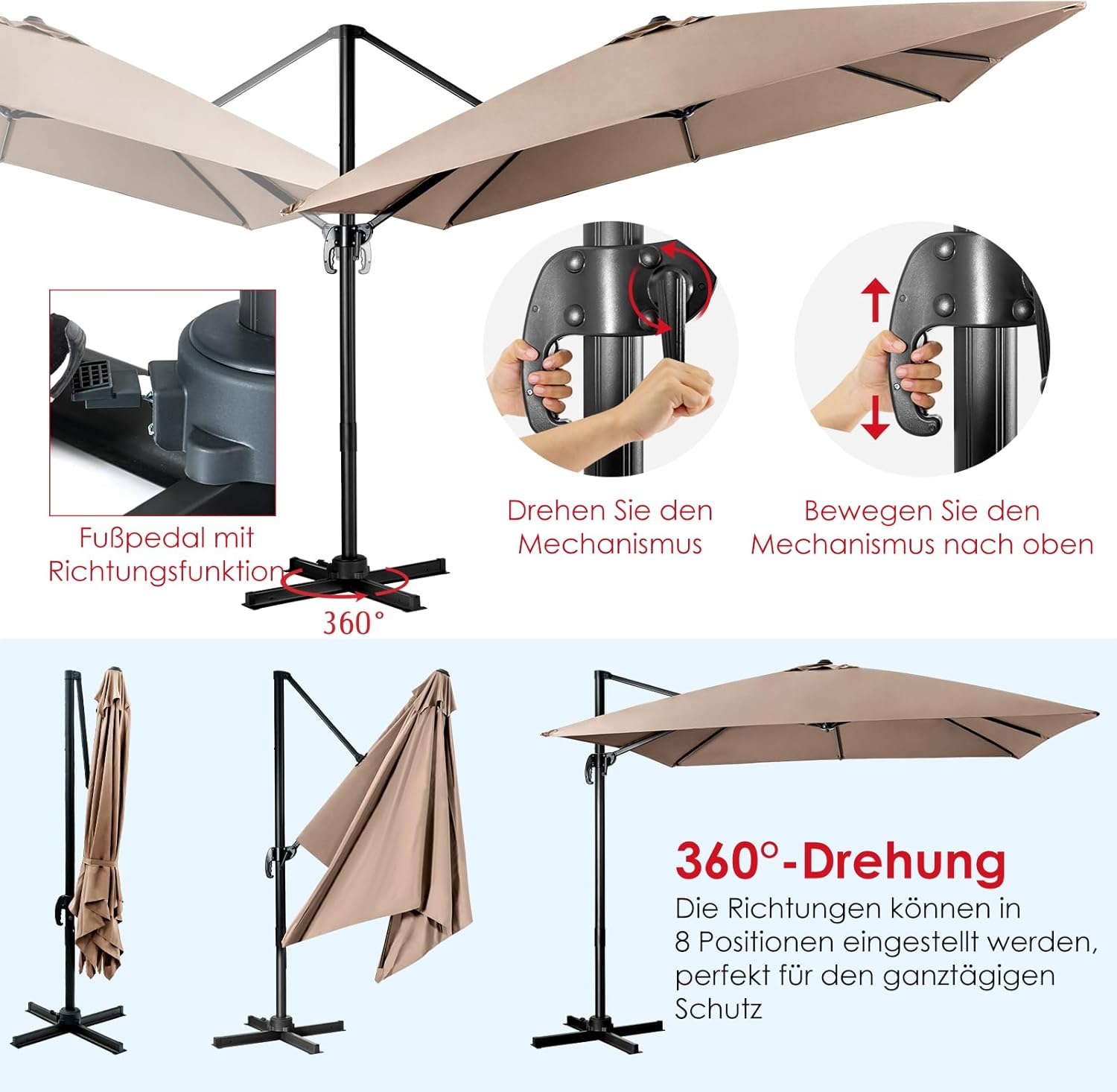 Thumbnail 4 de COSTWAY Sonnenschirm 300 x 300 cm quadratisch – Ampelschirm mit Kurbel, 360° drehbar, braun