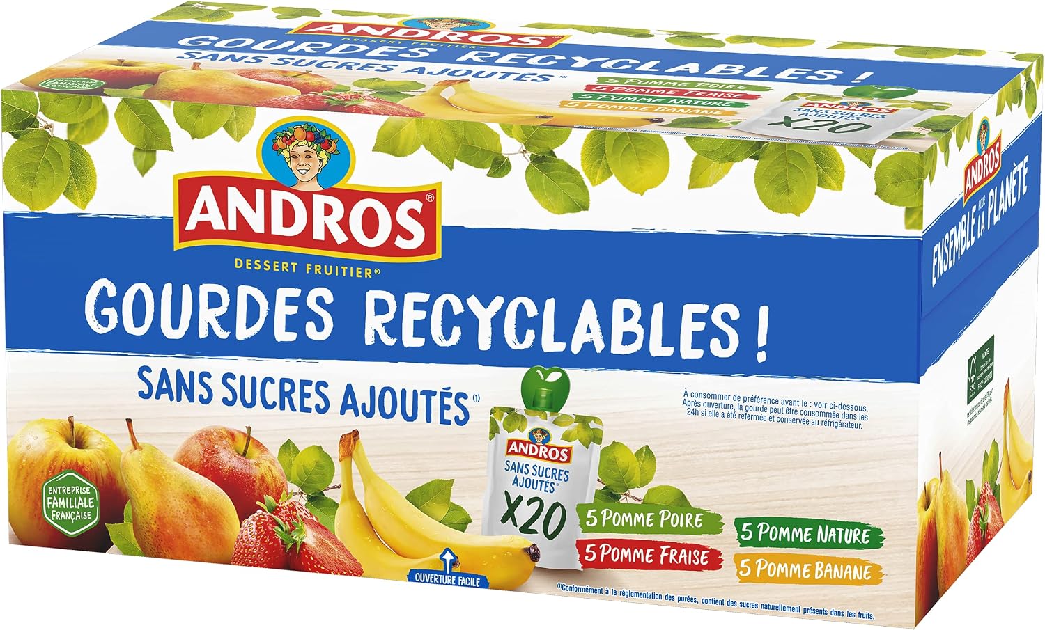 Thumbnail 3 de ANDROS Compote de fruits sans sucres ajoutés en gourde recyclable (lot de 20) – Pomme + Poire + Fraise + Banane