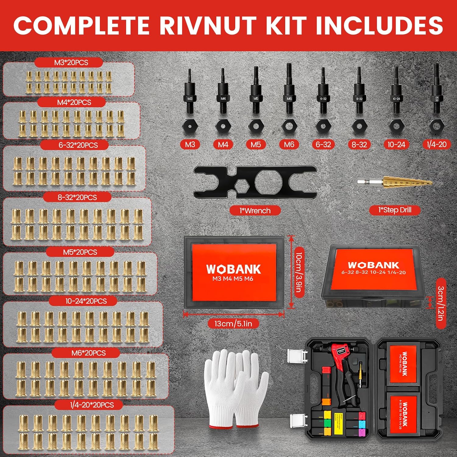 Detalle de WOBANK 8" Rivet Nut Tool Kit with 8 Mandrels, 160 Nuts & Carrying Case