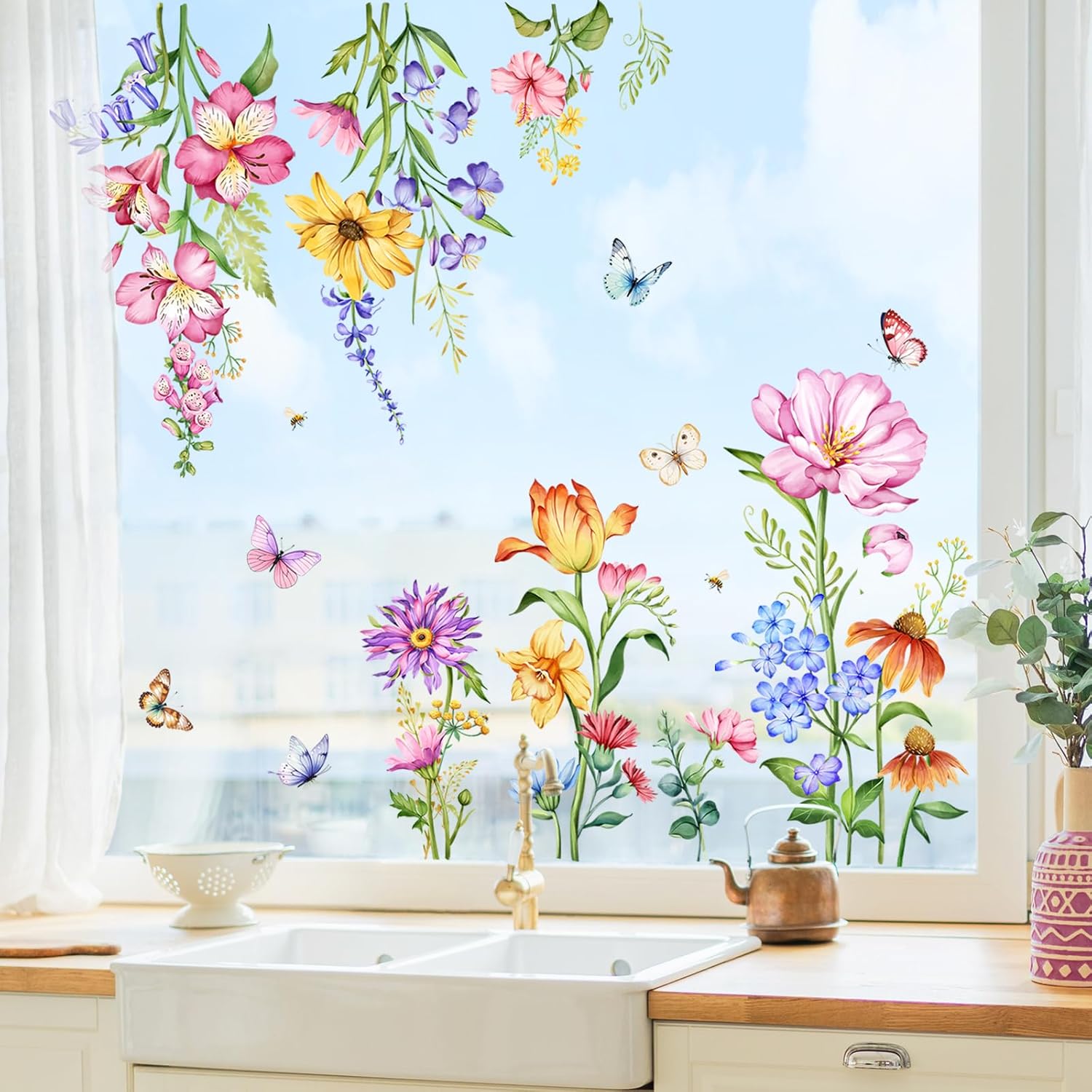Detalle de Supzone Flower Window Stickers 100 x 50 cm: Double-Sided Floral Clings for Glass and Mirrors
