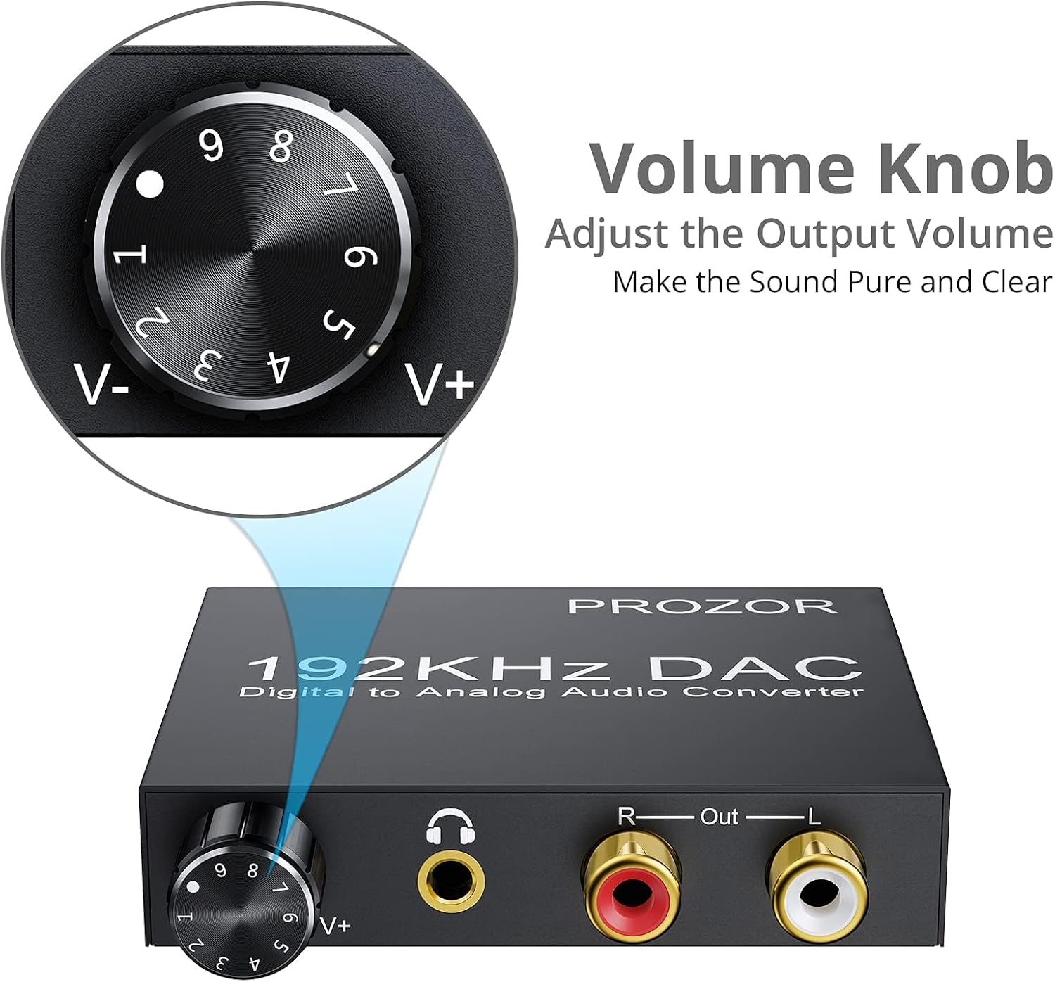 Detalle de PROZOR DA-converter 192 kHz met volumeregelaar, Toslink en coaxiaal