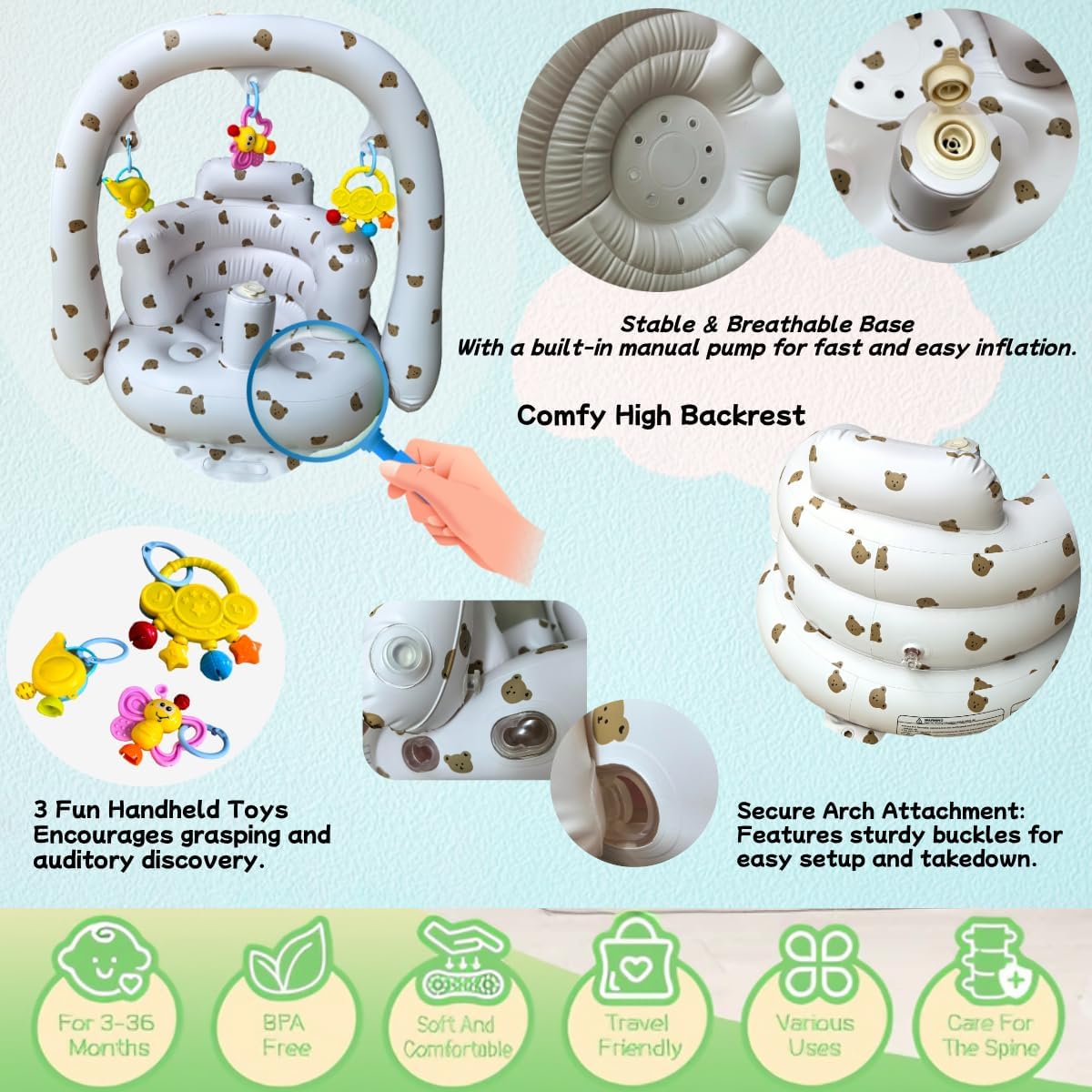 Thumbnail 3 de Seggiolino gonfiabile Little Bean per bambini 4–24 mesi con pompa integrata, supporto schiena e tavola multifunzionale