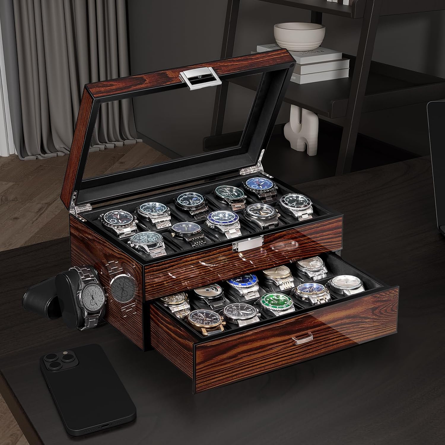 Detalle de BEWISHOME High-End Watch Box 20-Slot: Wooden Case with Large Glass Lid