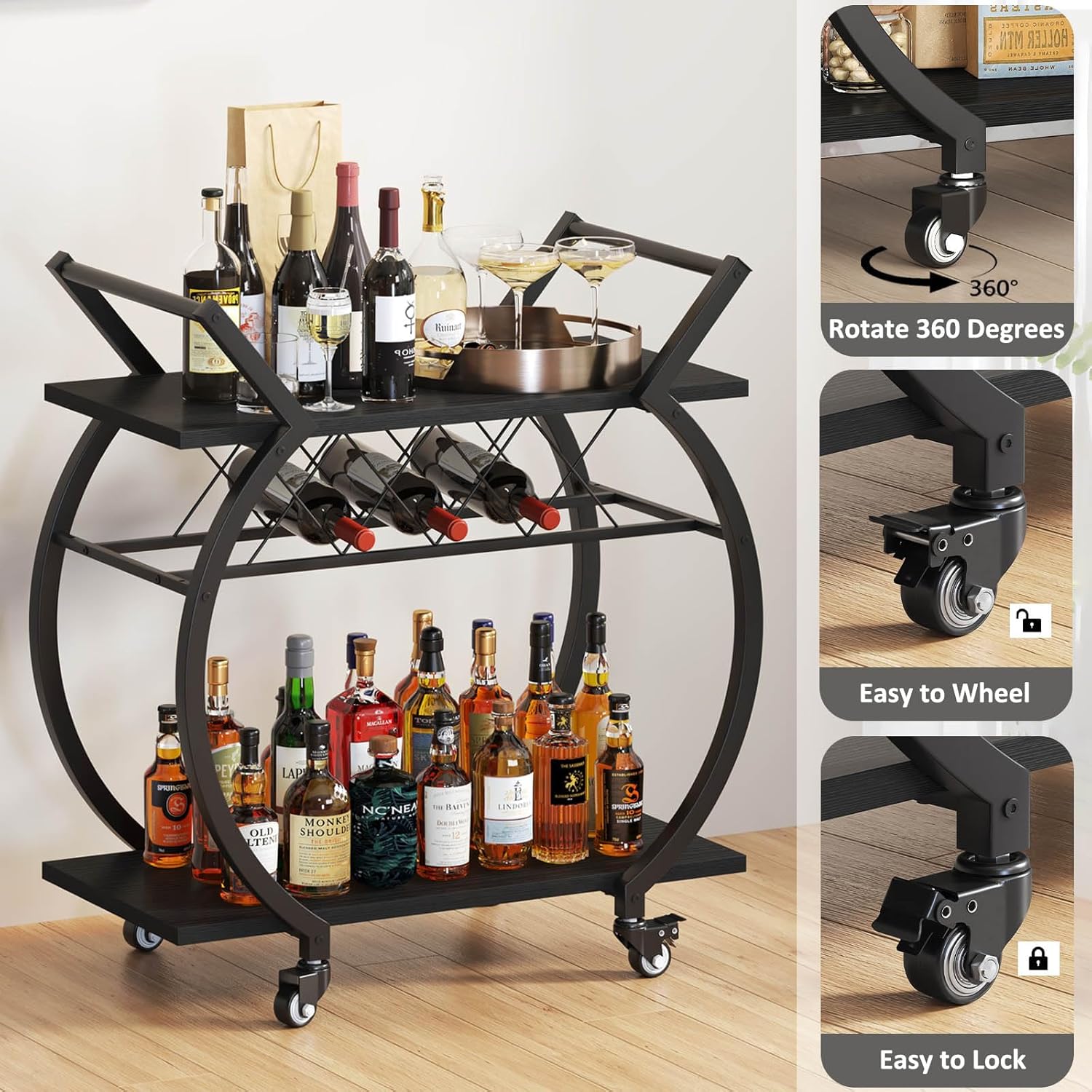Thumbnail 4 de LVB Carrello Portabevande Nero: carrello bar con ruote in legno/metallo per vino e bevande