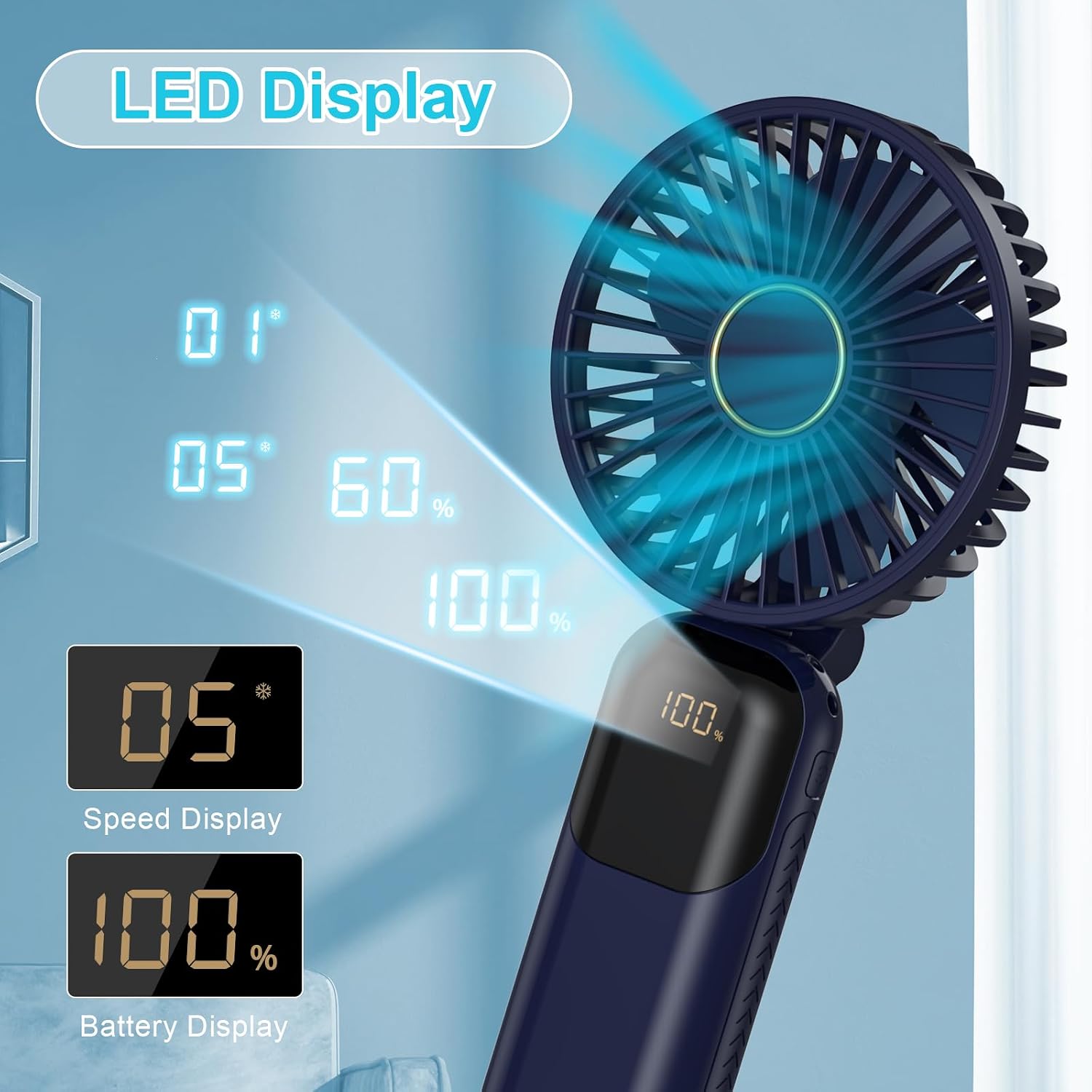 Detalle 1 de Rechargeable 5000mAh handheld fan with 5 speeds
