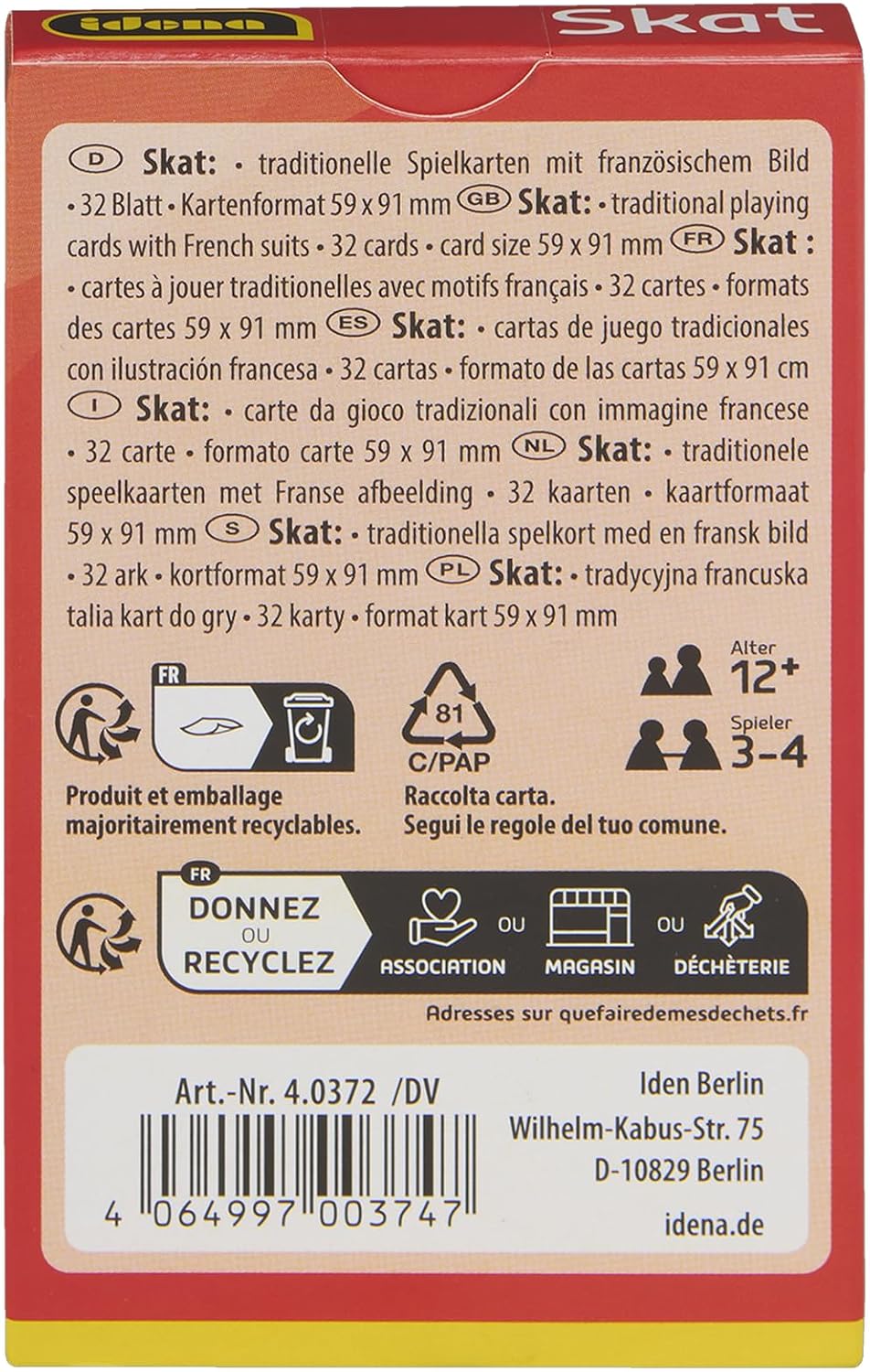 Thumbnail 4 de Idena 90270 Skatspiel mit französischem Blatt – 2 Kartendecks, 32 Karten, für 3–4 Spieler