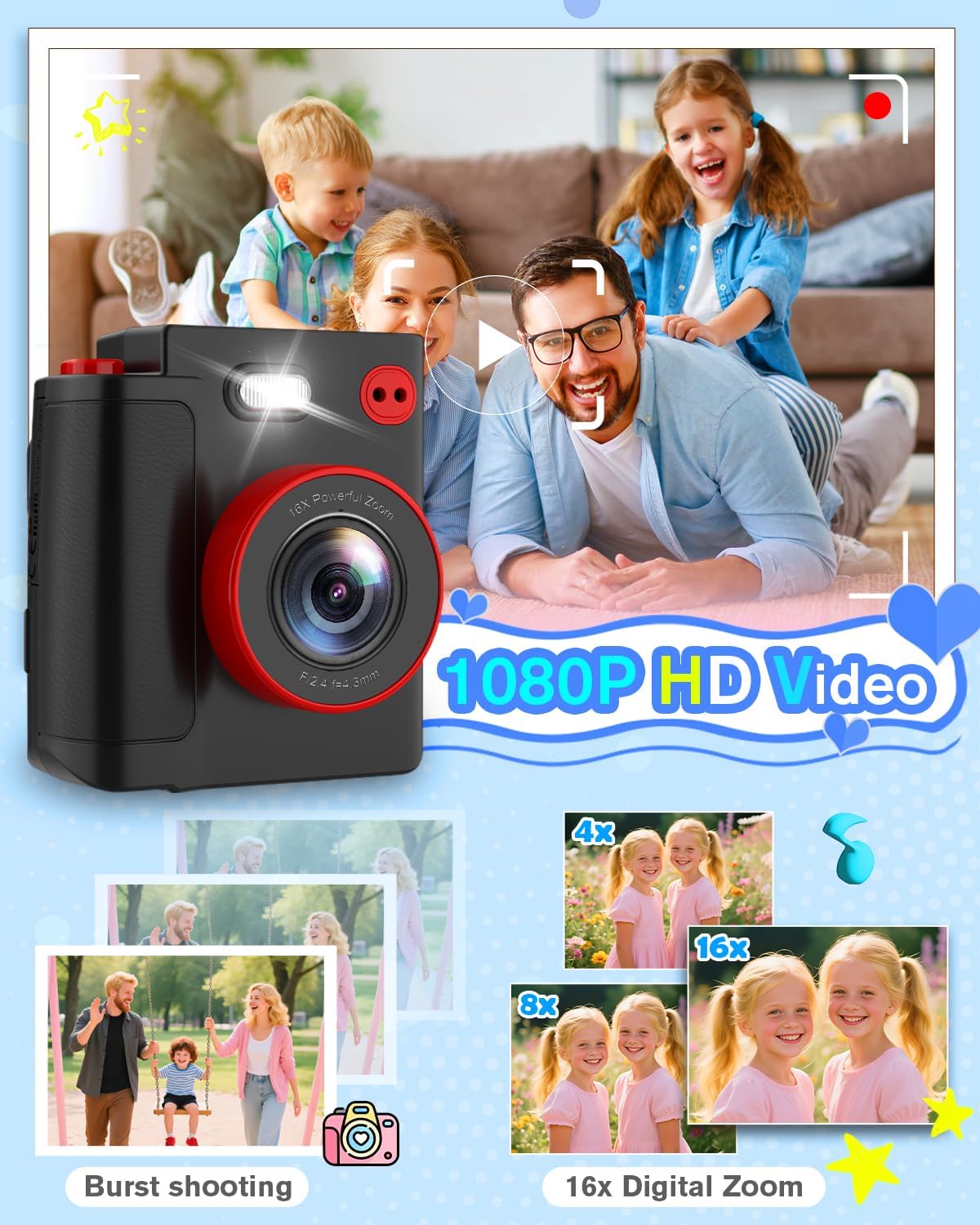 Thumbnail 4 de MYSTILUCK appareil photo instantané pour enfants (1080P) avec impression thermique, carte 32 Go et papier photo
