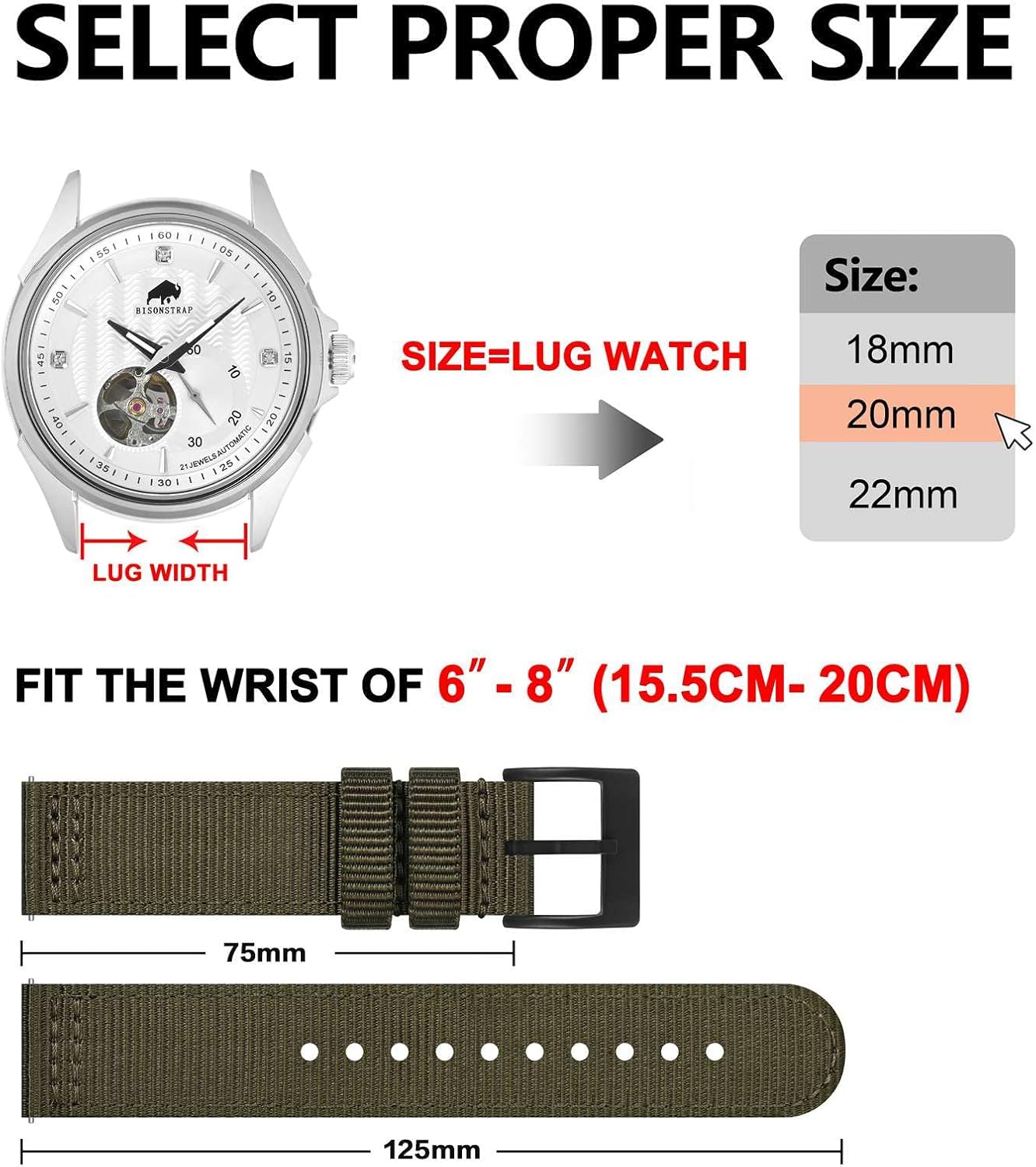 Detalle de BISONSTRAP Nylon Armband für Herren — Zweiteilig, Schnellverschluss, 18–22 mm