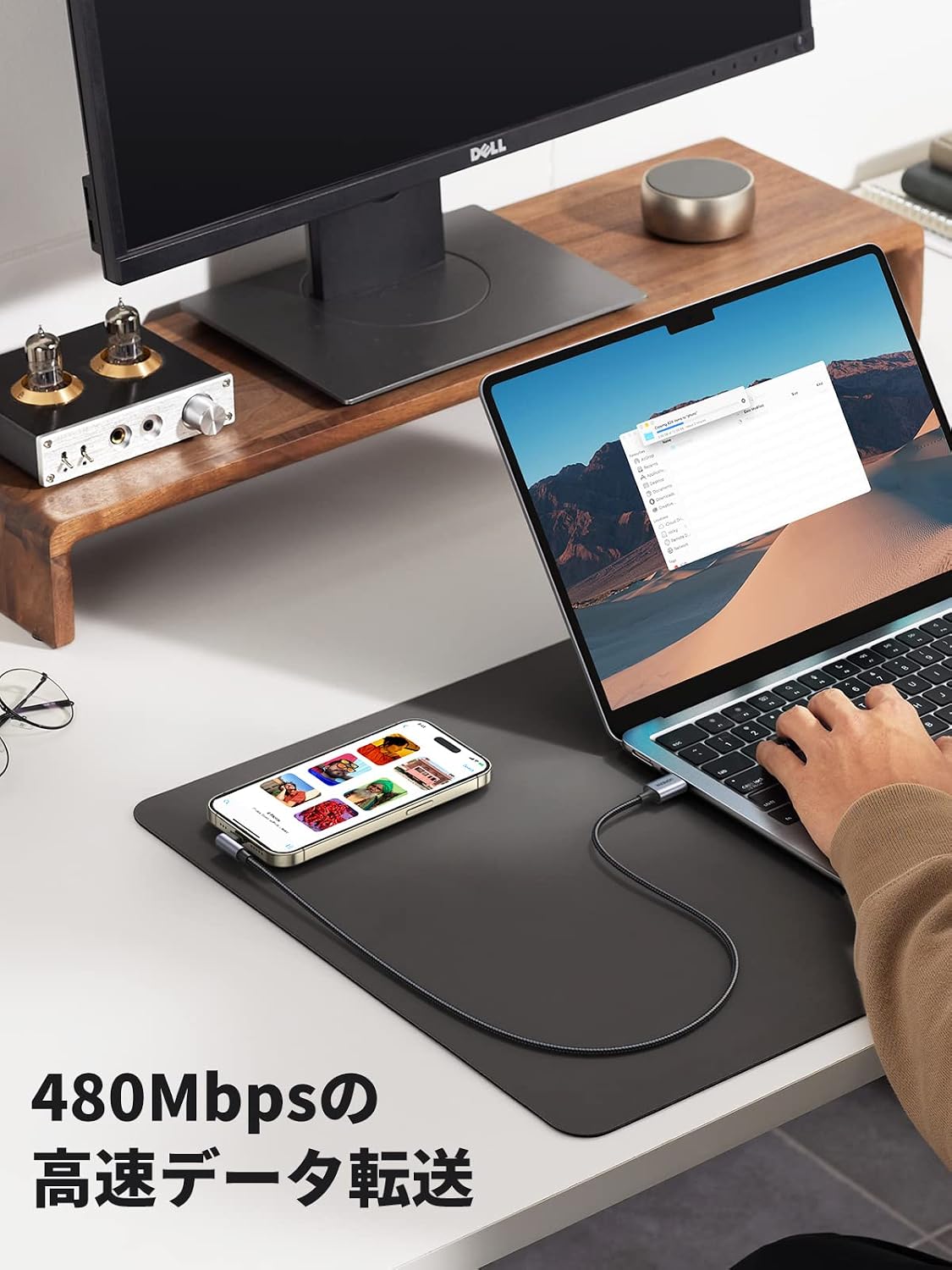 Detalle de UGREEN L字型Lightning USBケーブル 1m、MFi認証・ナイロン編み、ブラック