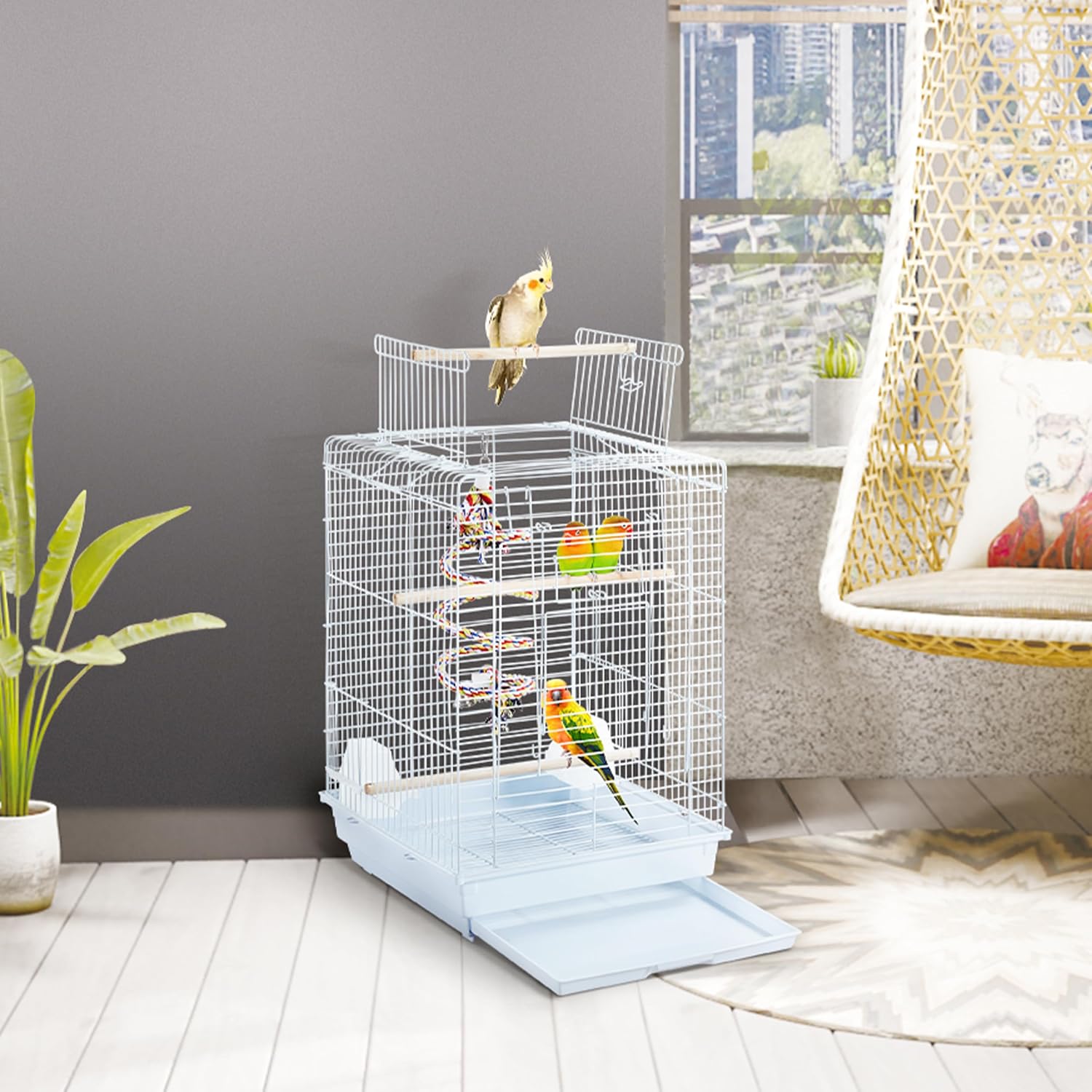 Detalle 2 de Yaheetech Vogelkäfig 40 × 40 × 58 cm mit Vogelspielzeuge – sicherer Rückzugsort für Wellensittiche, Nymphensittiche & Papageien
