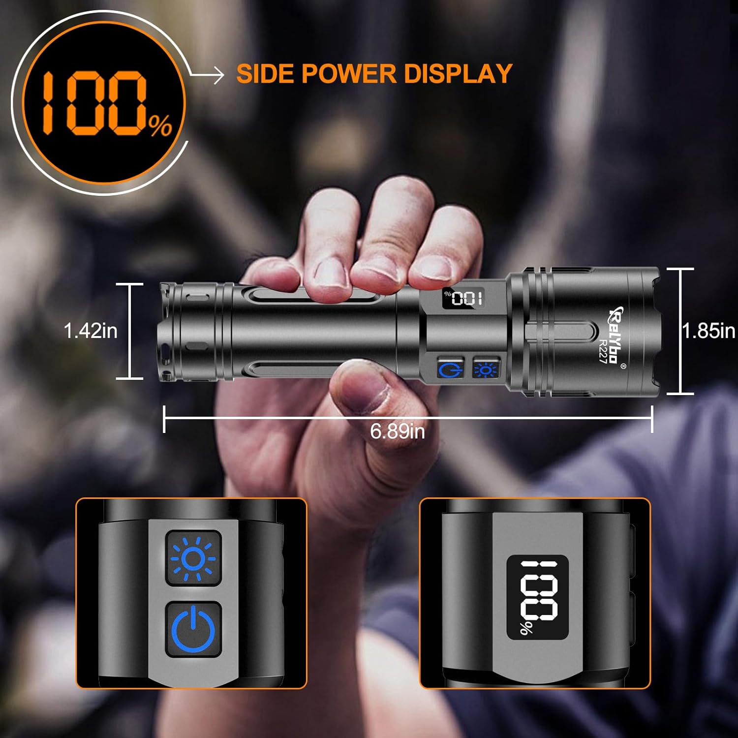 Detalle de Relybo Torches LED Super Bright 500,000 Lumen XHM90.2 Rechargeable Torch – Long-Range, Dual-Switch Portable Lighting