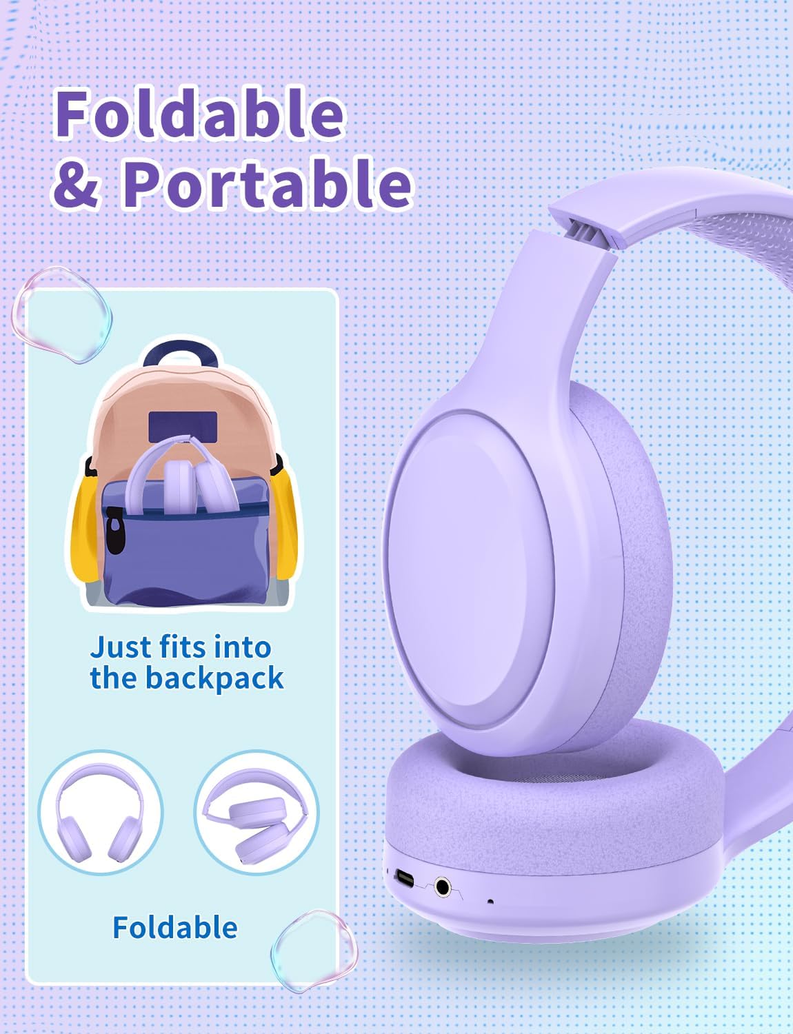 Thumbnail 6 de Xunpuls Kinder-Bluetooth-Kopfhörer (faltbar) mit Mikrofon – bis zu 10 Stunden Spielzeit, 2-in-1 kabellos & 3,5-mm-Kabel (lila)