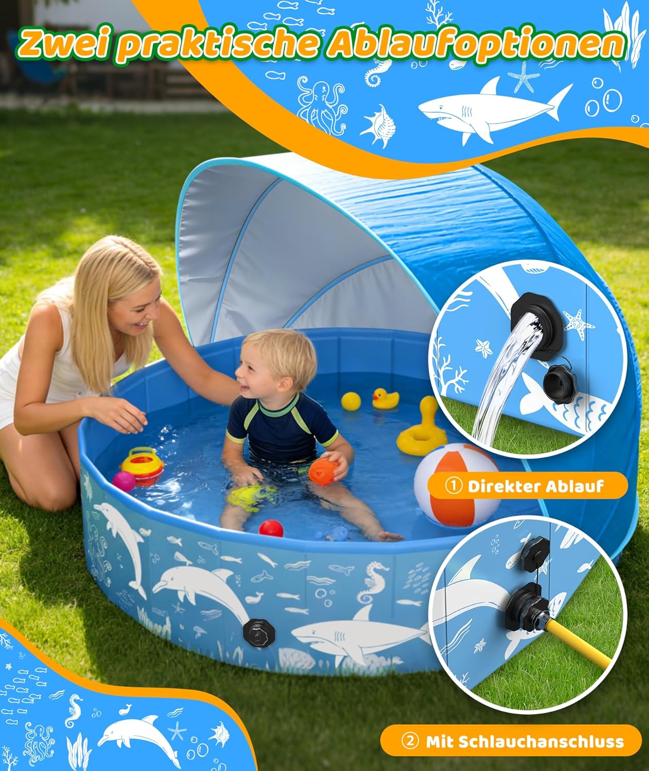 Thumbnail 6 de EPN Hundepool mit Sonnendach 140 cm – faltbarer PVC-Pool für große Hunde im Garten