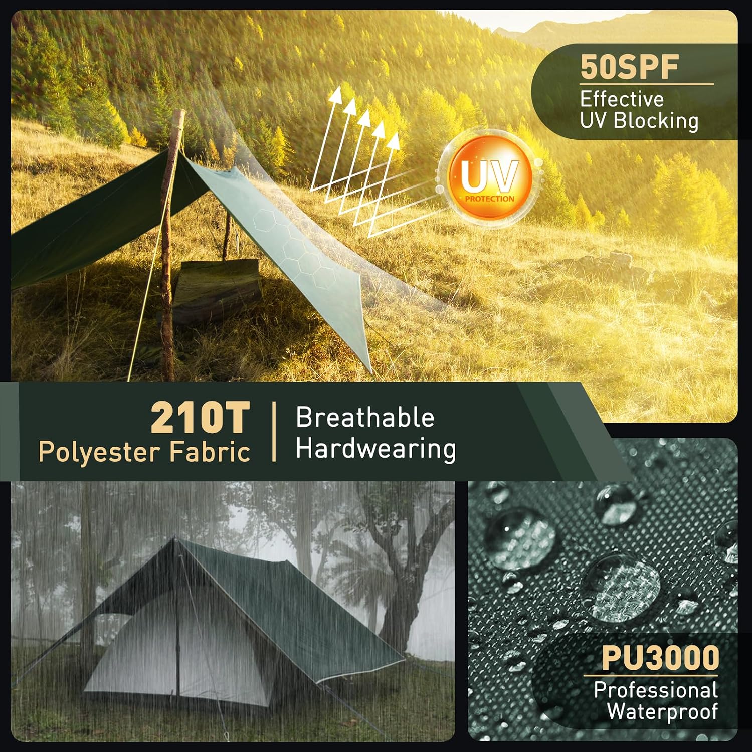 Detalle de VOSOIR Tarp 3x4M – wasserdicht, ultraleicht und vielseitig für Camping, Hängematte und Outdoor-Aktivitäten