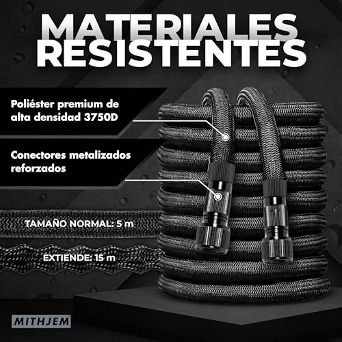 Detalle de Manguera Jardin 15m – MITHJEM Poliester 3750D Alta Densidad con Conectores Metalizados 1/2" y 3/4