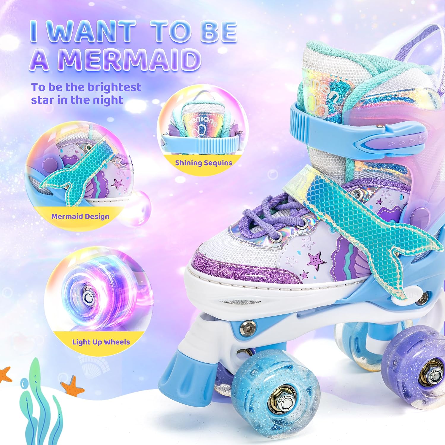 Detalle de NEMONE Mermaid 4 Size Adjustable Light Up Roller Skates for Girls