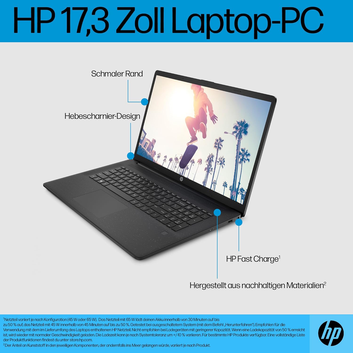 Thumbnail 2 de HP Laptop mit 17,3" FHD-Display, Ryzen 5 7520U, 8 GB DDR5, 512 GB SSD und Windows 11 (QWERTZ) – Schwarz inkl. 25 GB Dropbox