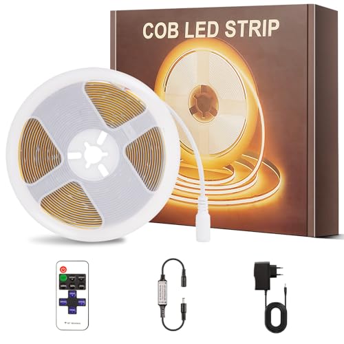 Detalle de PSTAR Cob Tira LED 4M Blanco Cálido 2700K Regulable con Fuente y Control Remoto | Lámpara decorativa para dormitorio, cocina y hogar
