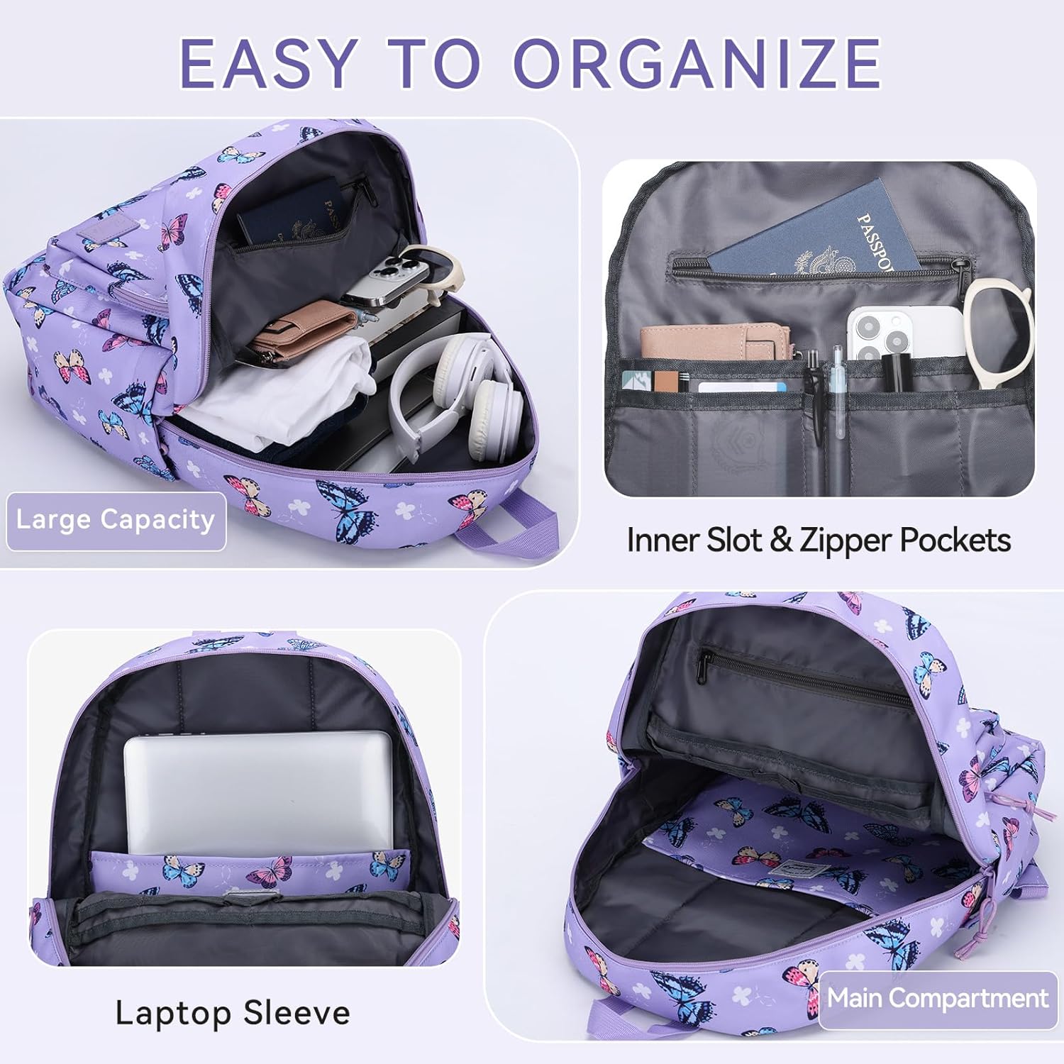 Detalle de VASCHY School Backpack: Lightweight 17L Rucksack with Butterfly Print for Kids and Adults